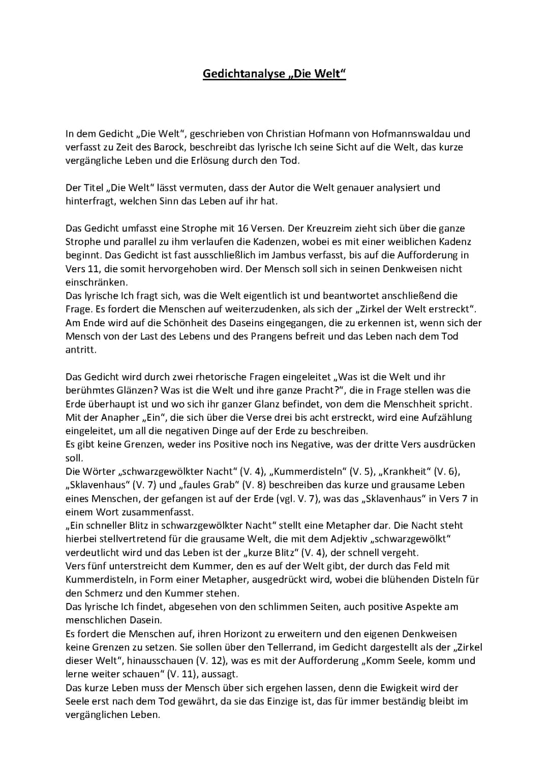 Die Welt Gedichtanalyse von Hofmannswaldau - Barock Stilmittel und Erscheindungsjahr