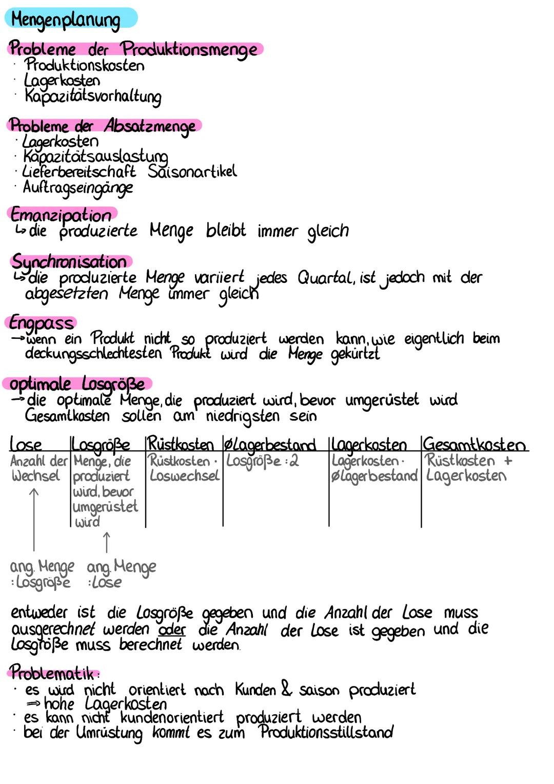 Produktionsprogramm
Teilkostenrechnung
Kostenrechnung bei der variable und fixe Kosten verrechnet werden
dient zur Überprüfung einzelner Pro