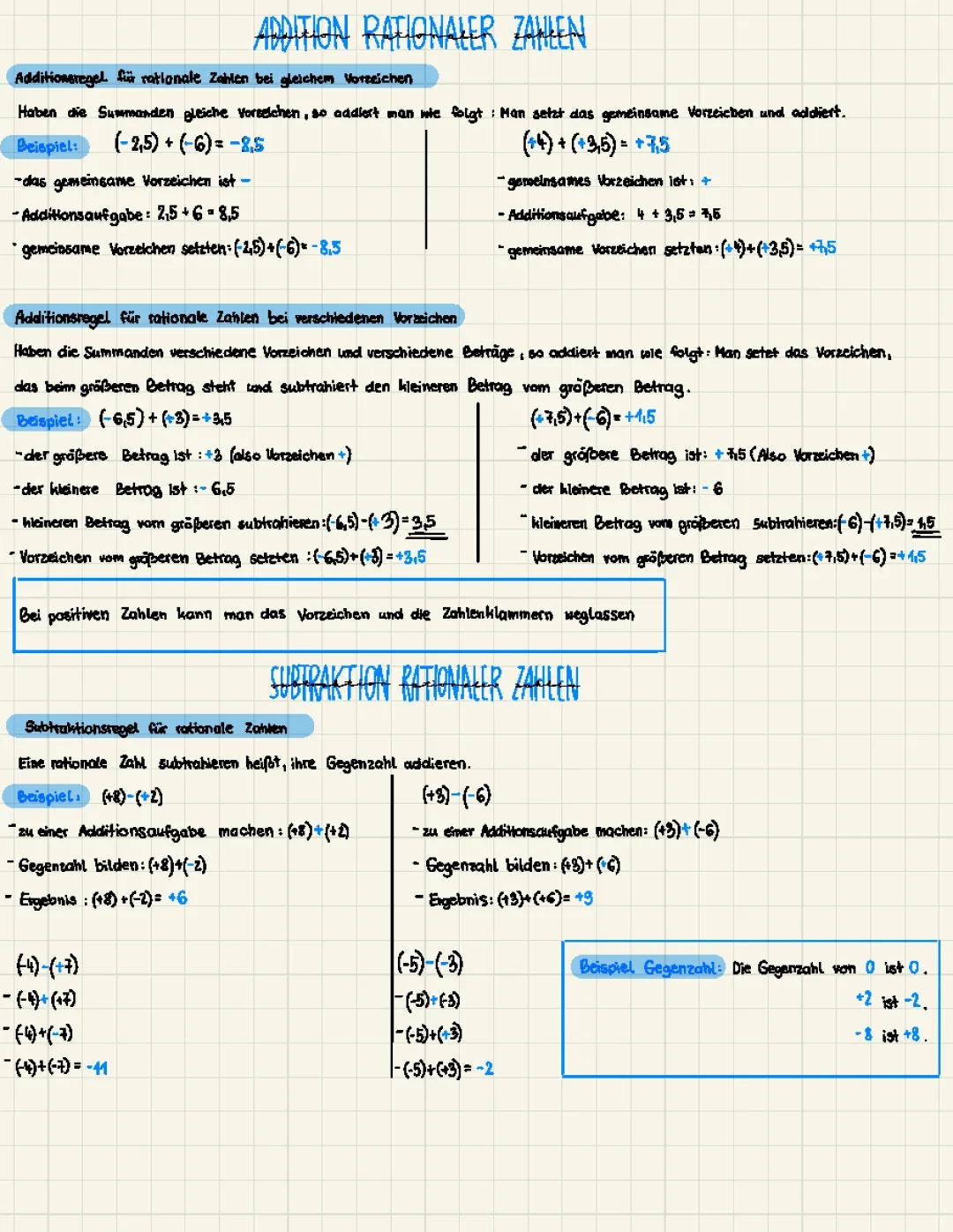 Übungen: Rationale Zahlen addieren und subtrahieren für Klasse 7 - PDF und Lösungen