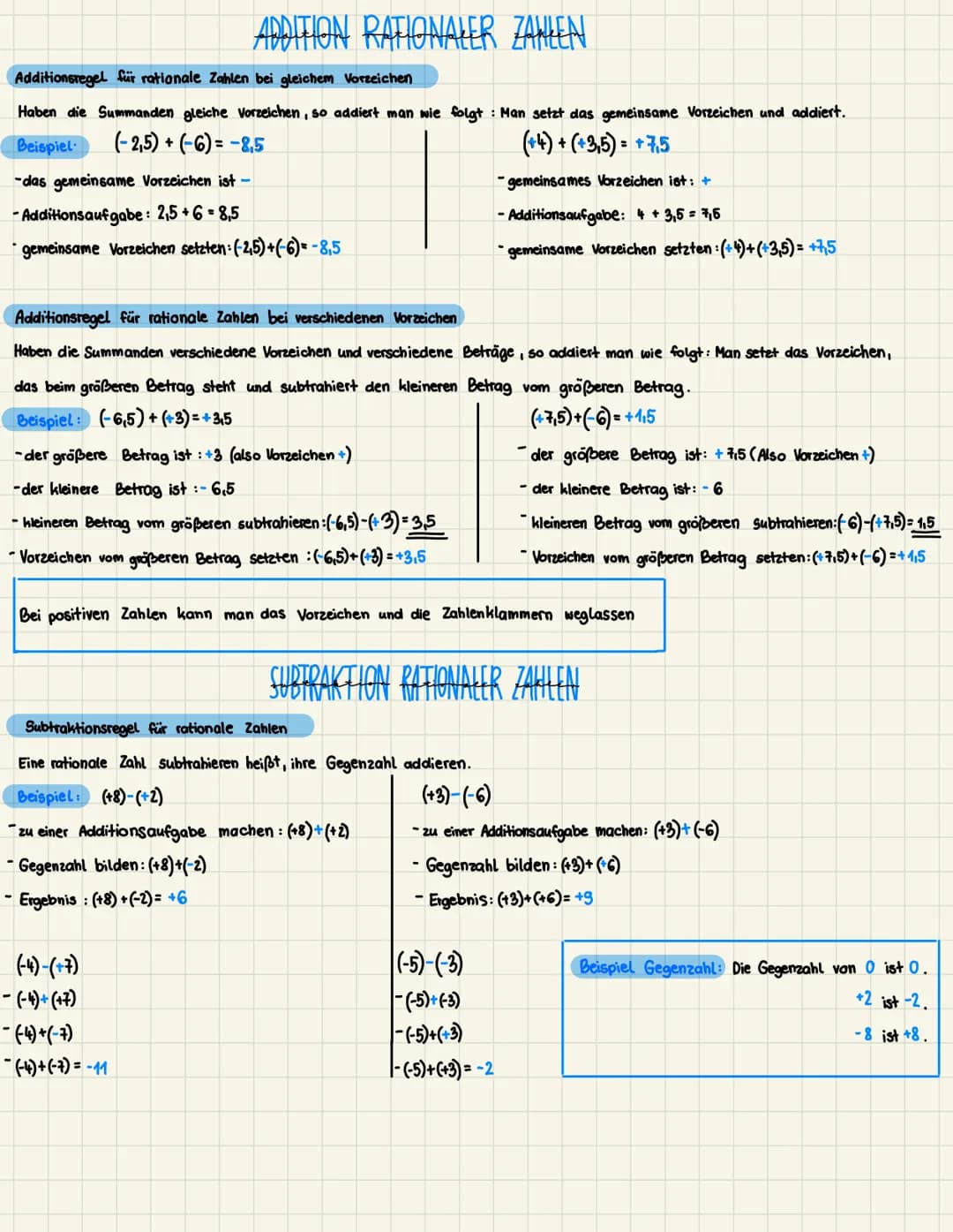 ADDITION RATIONALER ZAHLEN
Additionsregel für rationale Zahlen bei gleichem Vorzeichen
Haben die Summanden gleiche Vorzeichen, so addiert ma