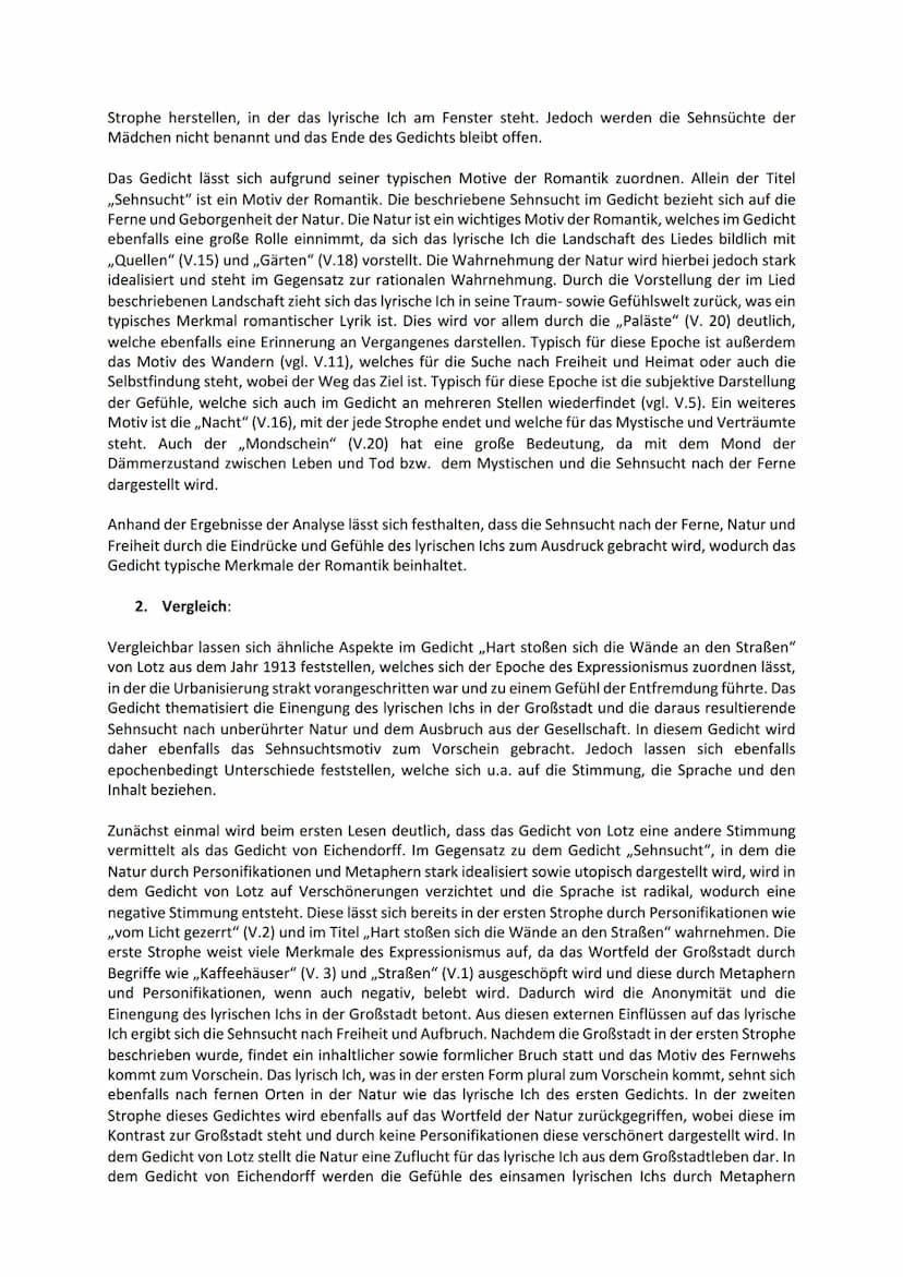 1. Analyse:
gedichtvergleich
Das Gedicht ,,Sehnsucht" von Joseph von Eichendorff aus dem Jahr 1834, handelt von den Eindrücken
sowie Empfind