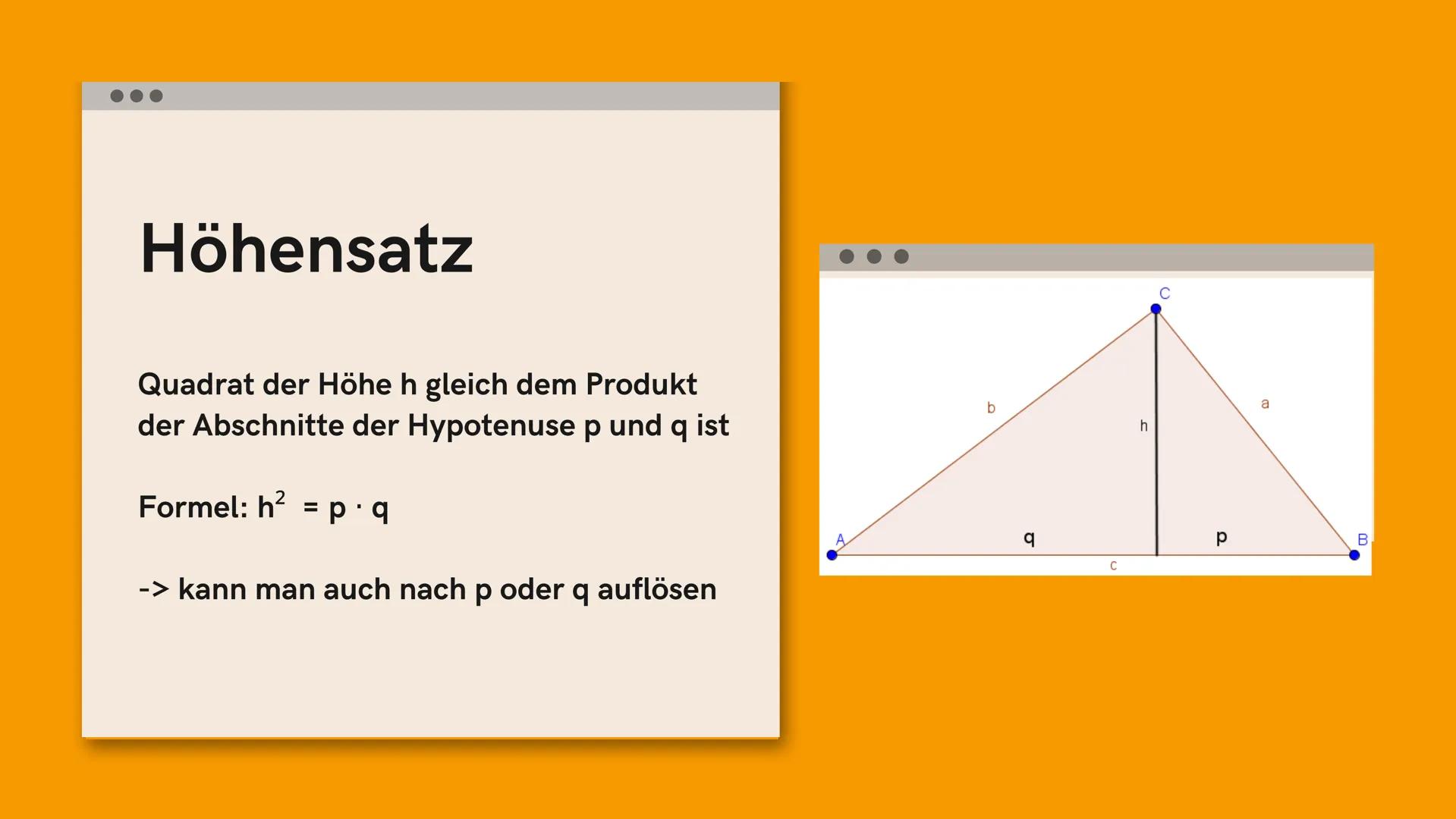 Höhensatz
by maiouid
7
Formel und mit
Beispielen :) Höhensatz
Quadrat der Höhe h gleich dem Produkt
der Abschnitte der Hypotenuse p und q is