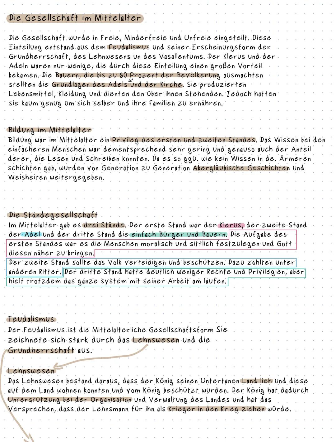 # Die Gesellschaft im Mittelalter

Die Gesellschaft wurde in Freie, Minderfreie und Unfreie eingeteilt. Diese
Einteilung entstand aus dem Fe