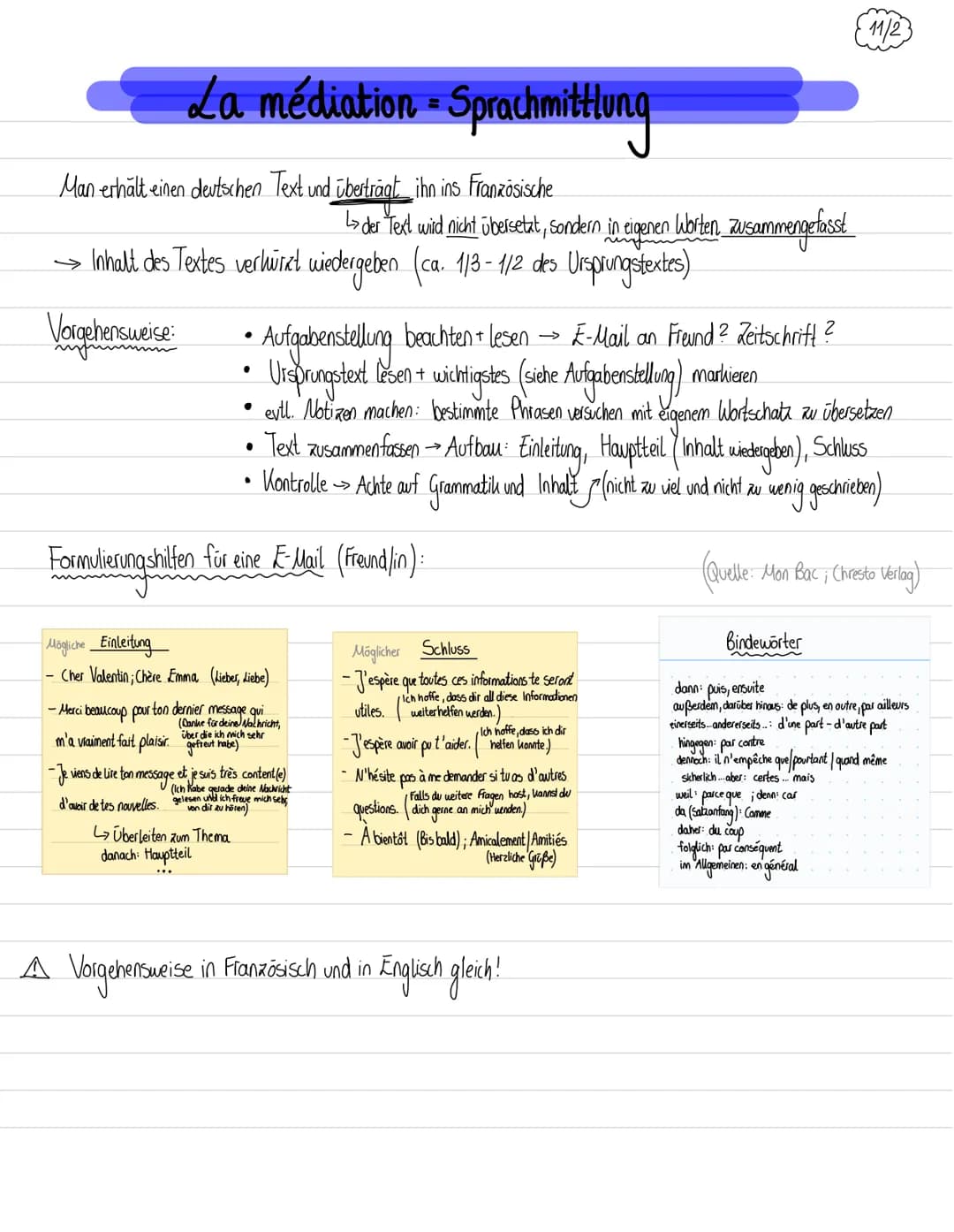 La médiation • Sprachmittlung
Man -erhält einen deutschen Text und überträgt ihn ins Französische
↳> der Text wird nicht übersetzt, sondern 