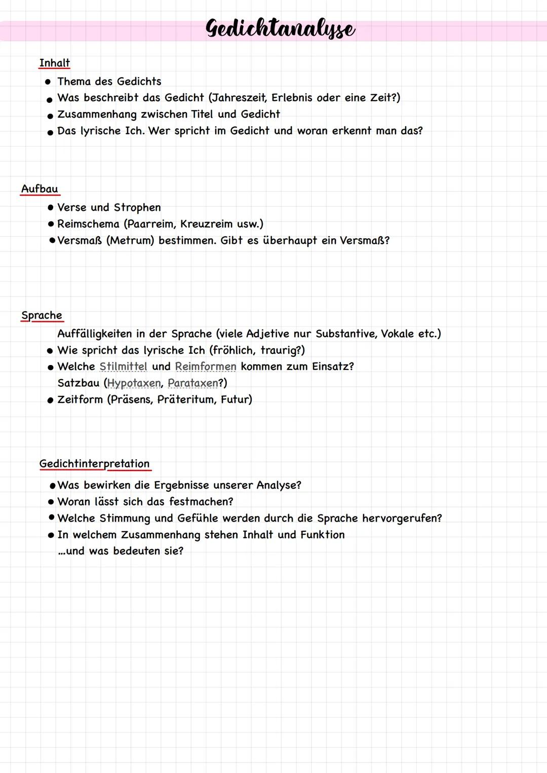 # Gedichtanalyse

Inhalt
*   Thema des Gedichts
*   Was beschreibt das Gedicht (Jahreszeit, Erlebnis oder eine Zeit?)
*   Zusammenhang zwisc