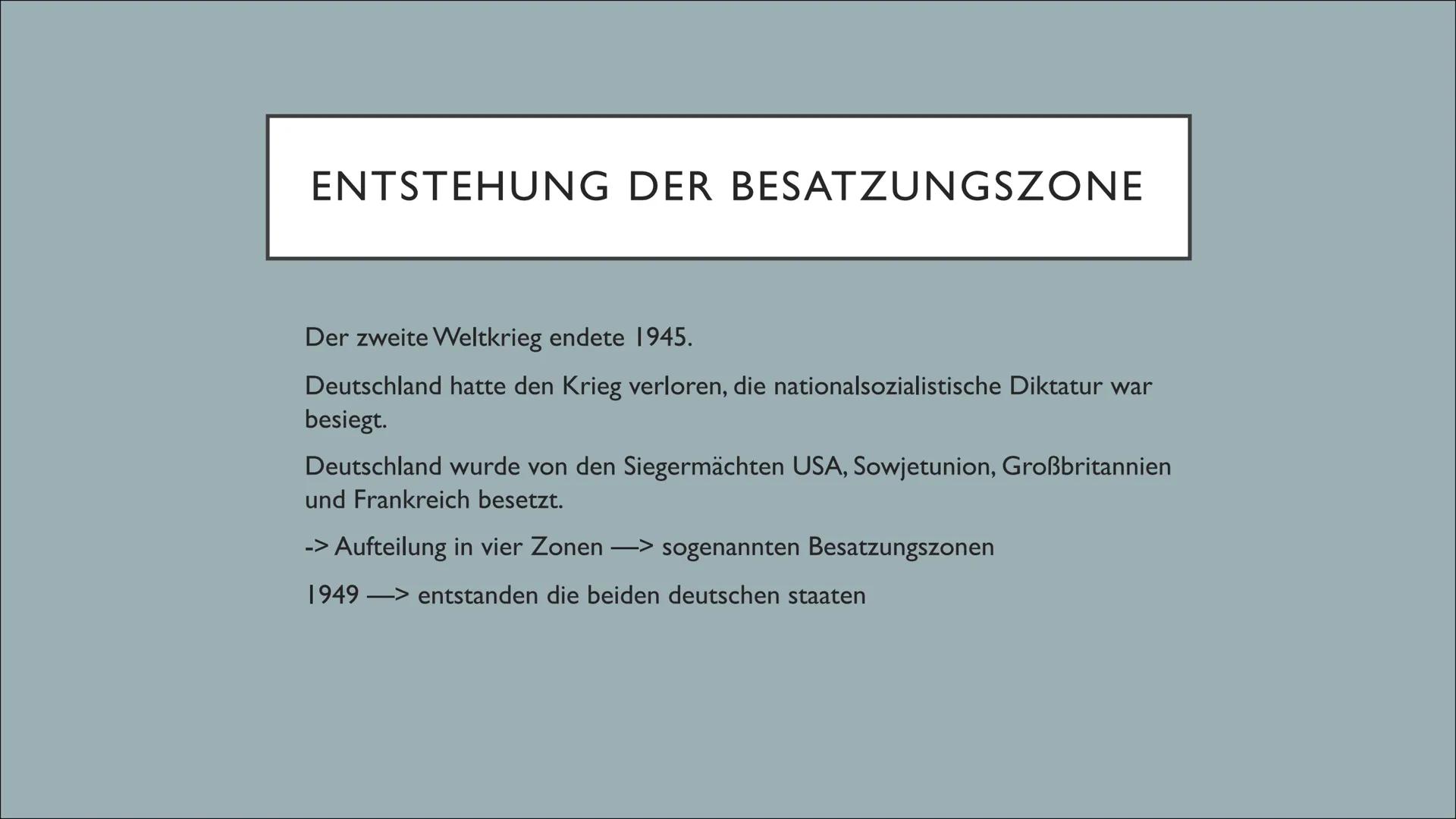 # THEMA 2: GRÜNDUNG DER ZWEI DEUTSCHEN STAATEN

Victoria-Geschichte # ENTSTEHUNG DER BESATZUNGSZONE

Der zweite Weltkrieg endete 1945.

Deut