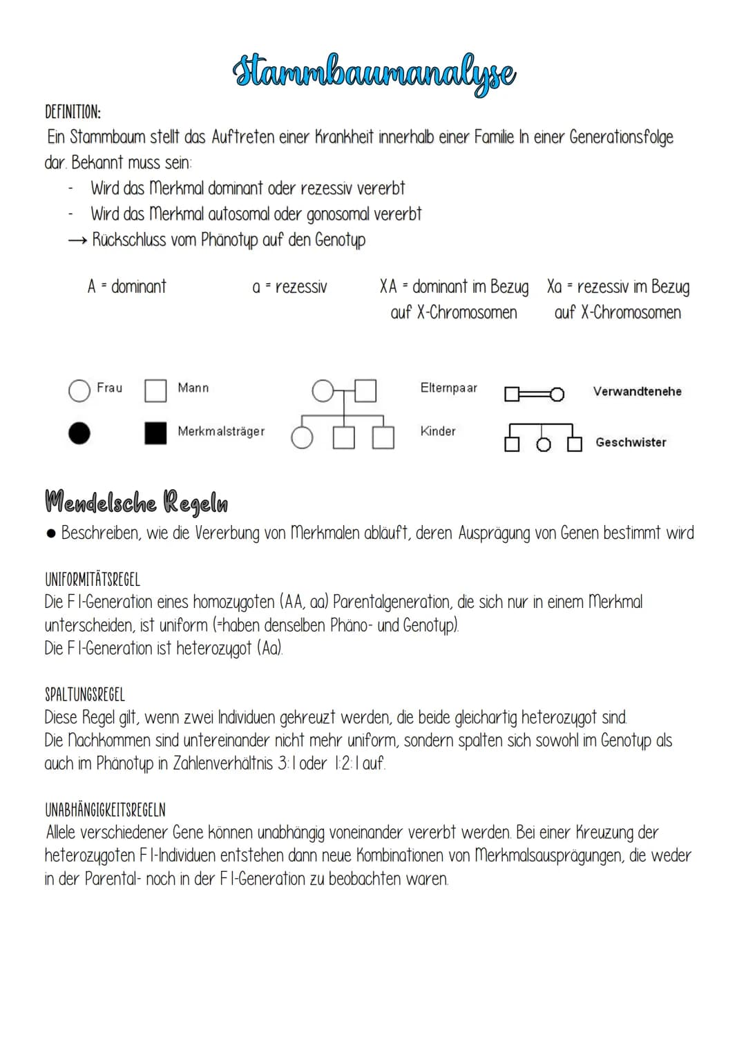 
<h2 id="definition">Definition</h2>
<p>Ein Stammbaum stellt das Auftreten einer Krankheit innerhalb einer Familie in einer Generationsfolge