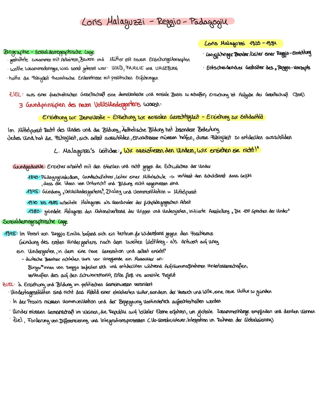 Loris Malaguzzi - Reggio - Pädagogik
Biographie - Sozialdemographische Lage
·gestaltete zusammen mit Arbeitern, Bawern und Mütter mit nevem 