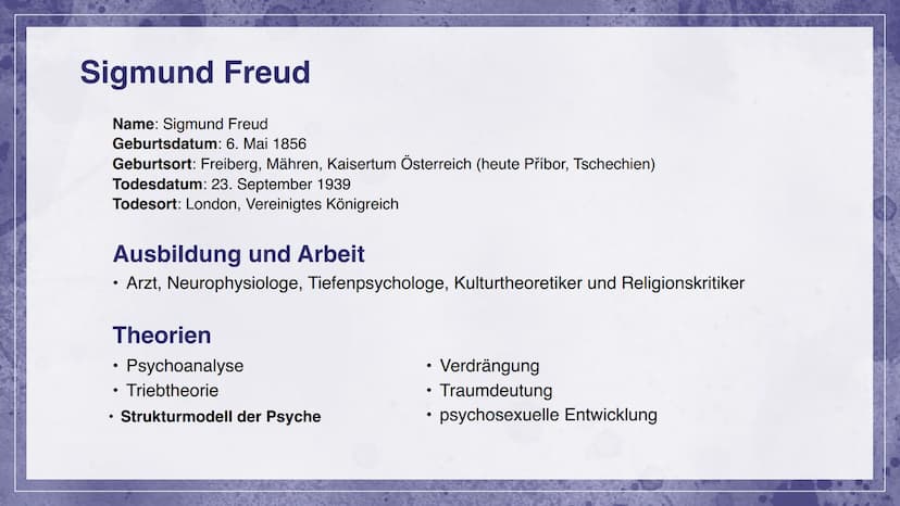 Sigmund Freud &
das Instanzenmodell
Raissa & Tessa Inhalt
01
Sigmund Freud
Kurzbiografie
04
Das Ich
Die bewusste Instanz
02
Das Instanzenmod