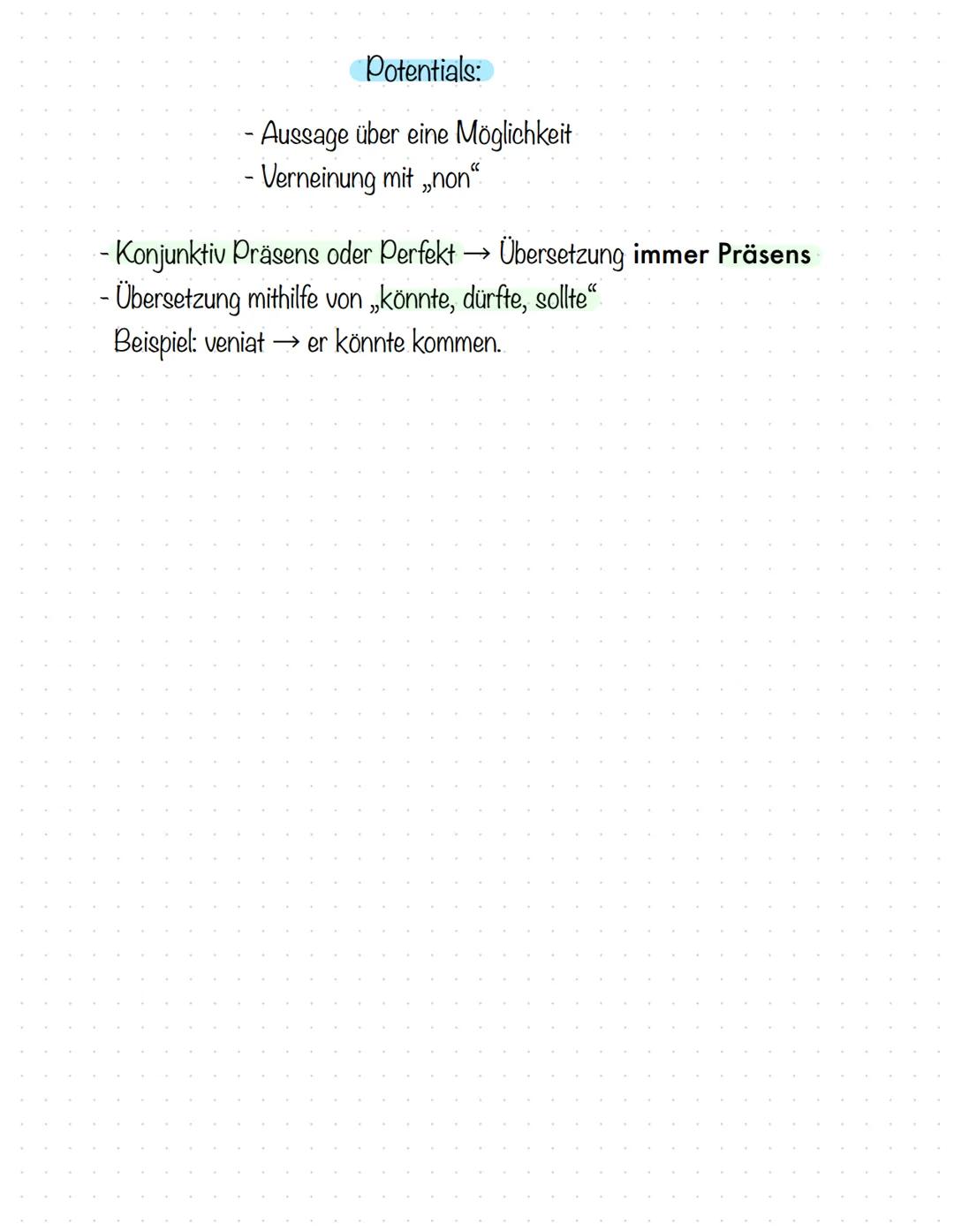 KONJUNKTIV IM HAUPTSATZ
Irrealis:
- Aussage über etwas Unmögliches
- verneint wird mit „non“
1) Irrealis der Gegenwart: steht im Konjunktiv 