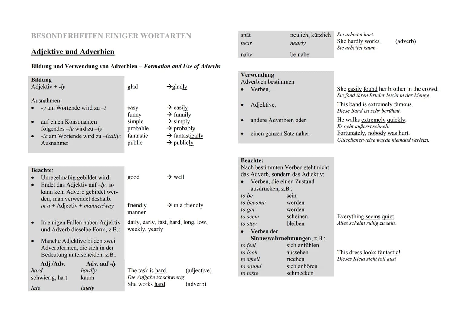 BESONDERHEITEN EINIGER WORTARTEN
Adjektive und Adverbien
Bildung und Verwendung von Adverbien - Formation and Use of Adverbs
Bildung
Adjekti