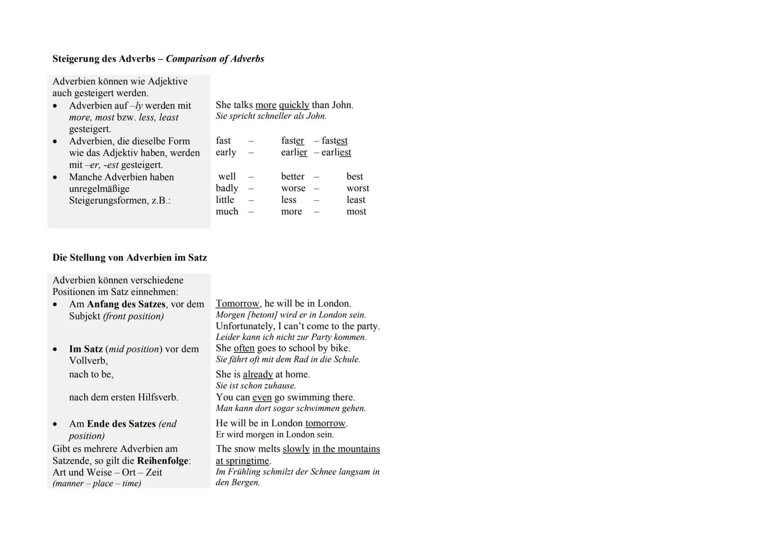 BESONDERHEITEN EINIGER WORTARTEN
Adjektive und Adverbien
Bildung und Verwendung von Adverbien - Formation and Use of Adverbs
Bildung
Adjekti