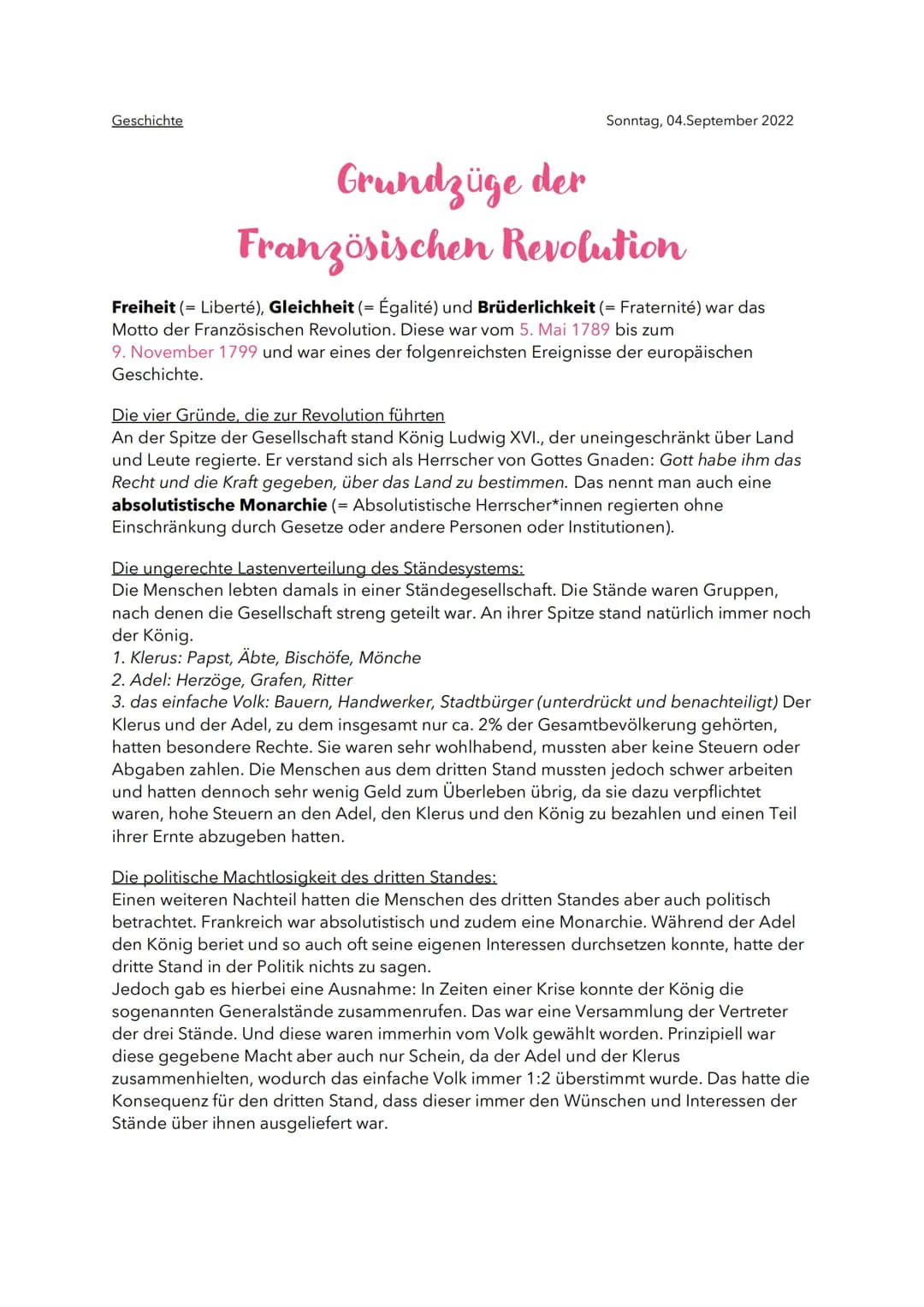 Geschichte
Sonntag, 04.September 2022
Grundzüge der
Französischen Revolution
Freiheit (= Liberté), Gleichheit (= Égalité) und Brüderlichkeit