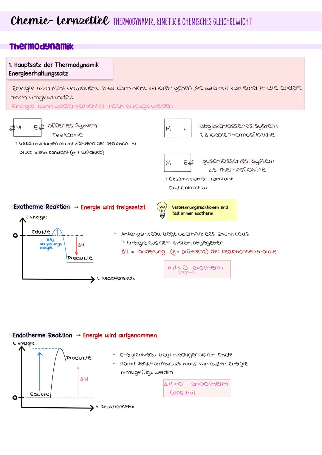 Chemie- lernzettel THERMODYNAMIK, KINETIK & CHEMISCHES GLEICHGEWICHT
Thermodynamik
1. Hauptsatz der Thermodynamik
Energieerhaltungssatz
Ener