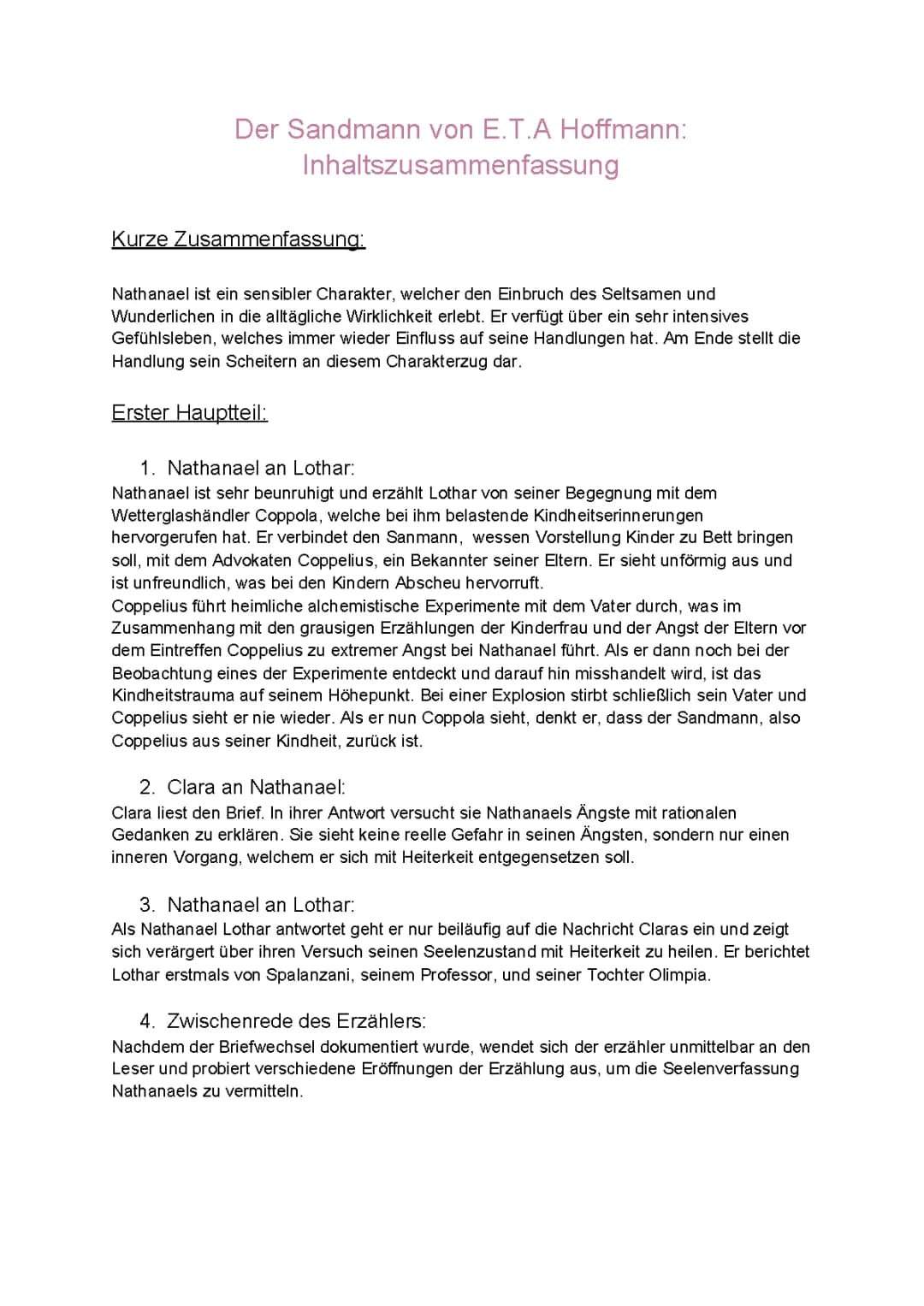 Der Sandmann Zusammenfassung Kapitel, Thema und wichtige Textstellen