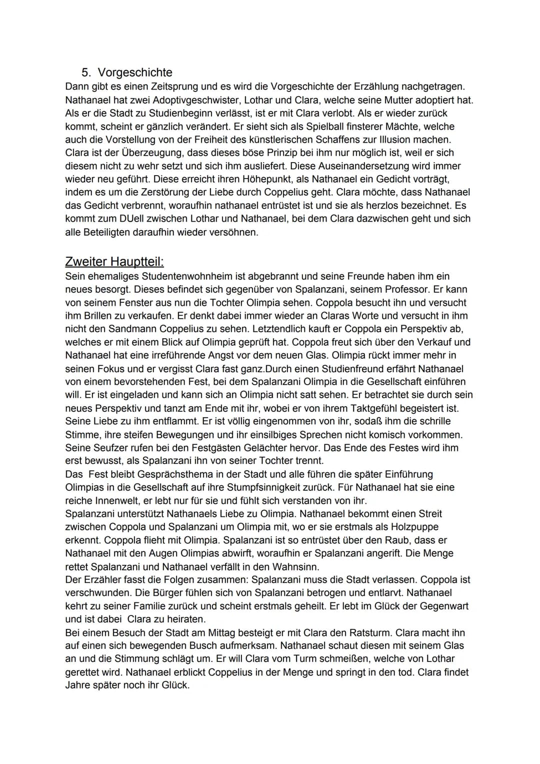 Der Sandmann von E.T.A Hoffmann:
Inhaltszusammenfassung
Kurze Zusammenfassung:
Nathanael ist ein sensibler Charakter, welcher den Einbruch d