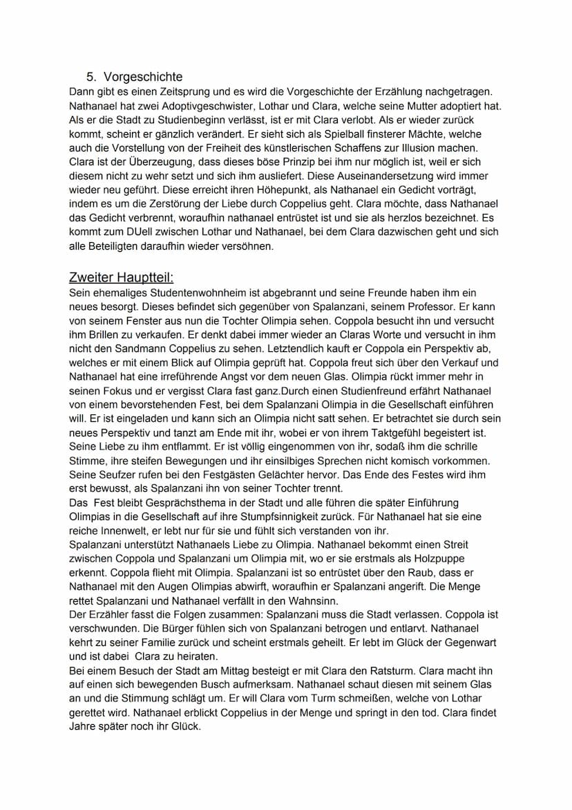 Der Sandmann von E.T.A Hoffmann:
Inhaltszusammenfassung
Kurze Zusammenfassung:
Nathanael ist ein sensibler Charakter, welcher den Einbruch d