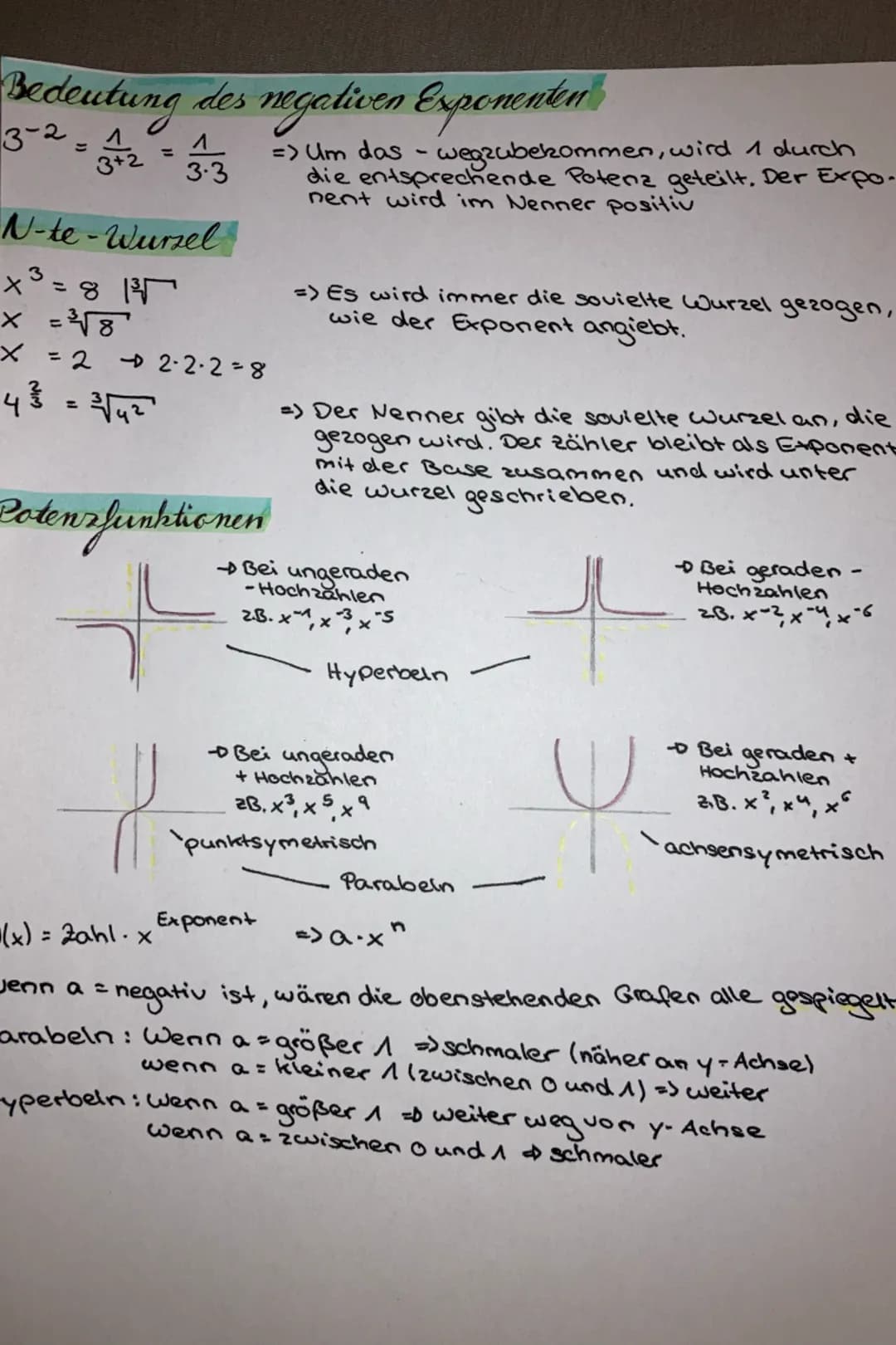 mache
1. Potenzgesetze
2. Gleiche Basen /Exponenten
3. Potenz einer Potenz
4. Bedeutung
5. n-te Wurzel
6. Potenzfunktionen
7. Gerade /ungera