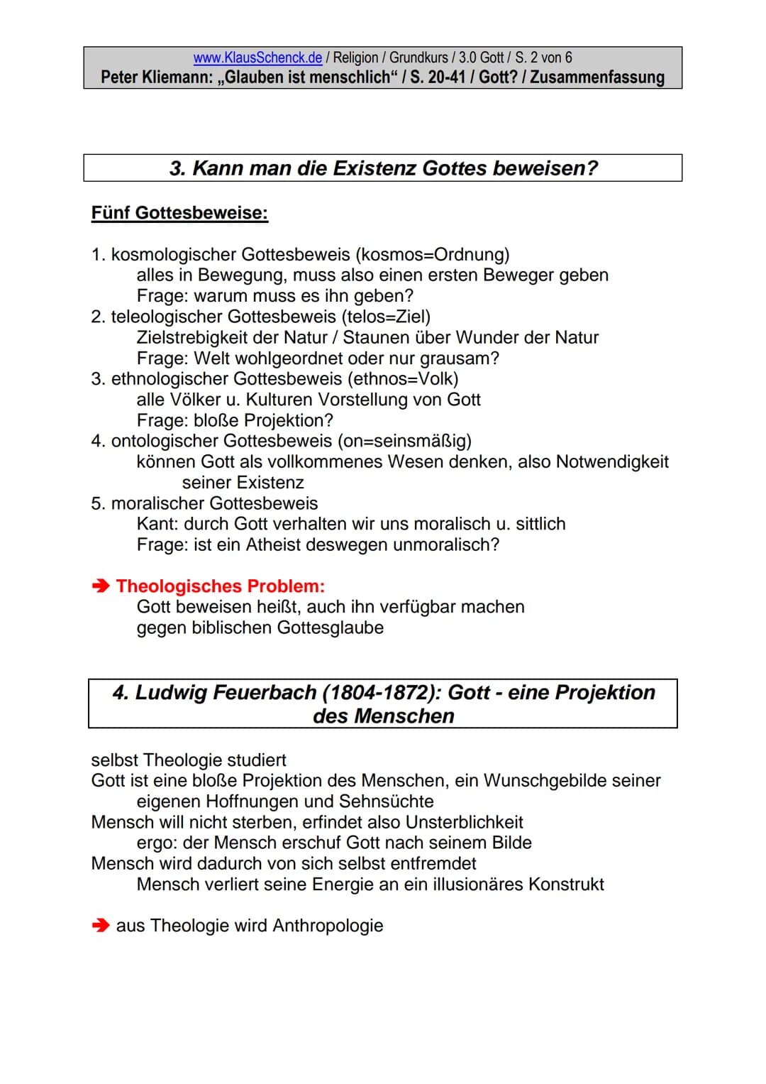 www.KlausSchenck.de / Religion / Grundkurs / 3.0 Gott / S. 1 von 6
Peter Kliemann: ,,Glauben ist menschlich" / S. 20-41 / Gott? / Zusammenfa