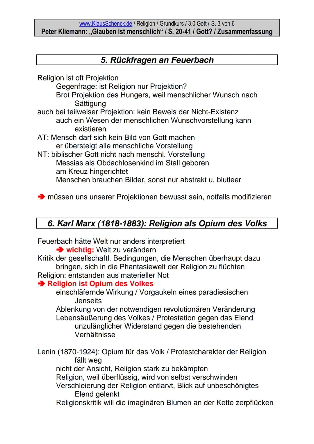 www.KlausSchenck.de / Religion / Grundkurs / 3.0 Gott / S. 1 von 6
Peter Kliemann: ,,Glauben ist menschlich" / S. 20-41 / Gott? / Zusammenfa