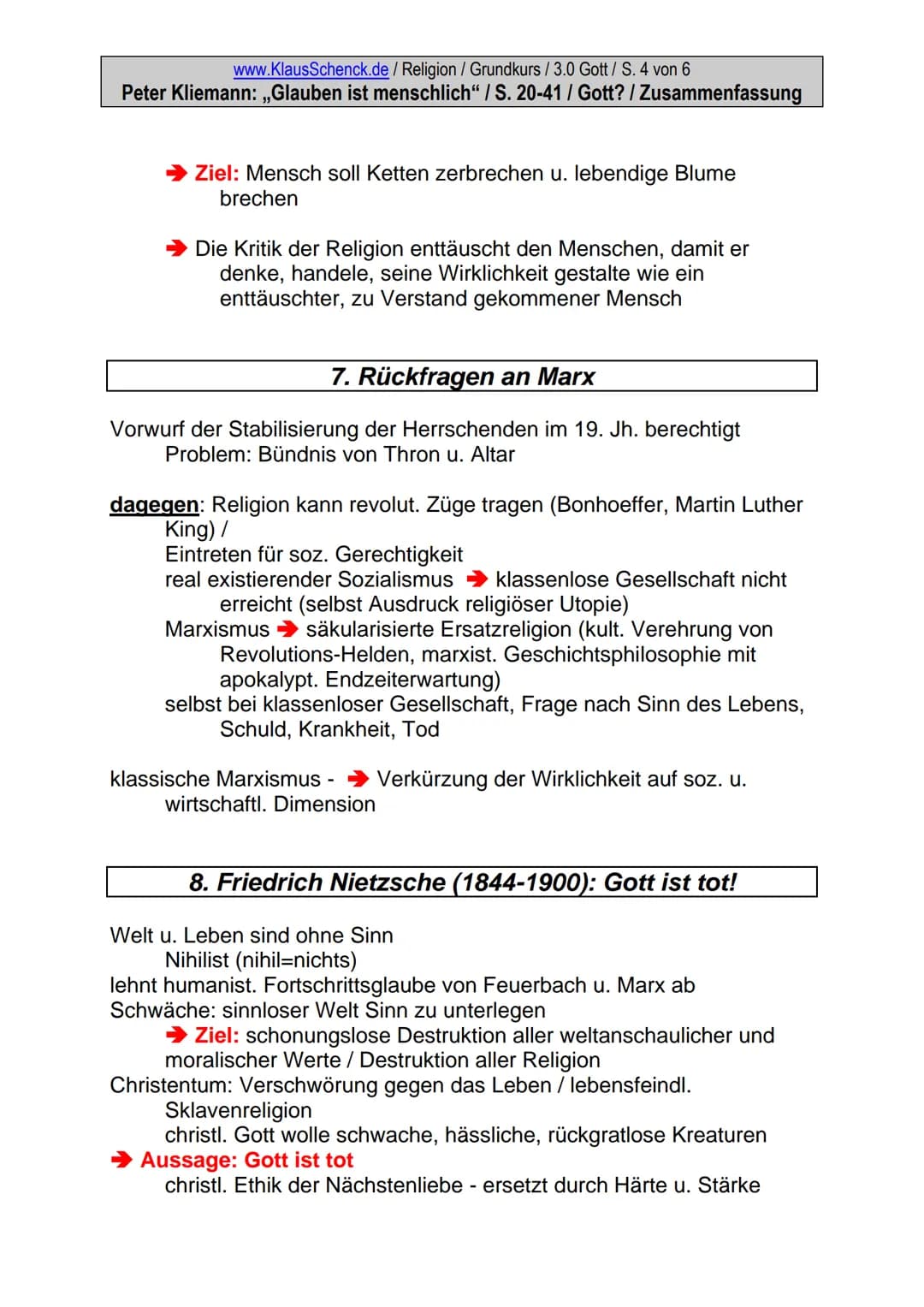 www.KlausSchenck.de / Religion / Grundkurs / 3.0 Gott / S. 1 von 6
Peter Kliemann: ,,Glauben ist menschlich" / S. 20-41 / Gott? / Zusammenfa