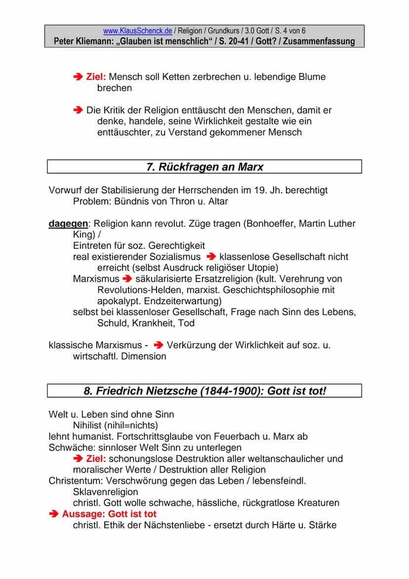 www.KlausSchenck.de / Religion / Grundkurs / 3.0 Gott / S. 1 von 6
Peter Kliemann: ,,Glauben ist menschlich" / S. 20-41 / Gott? / Zusammenfa