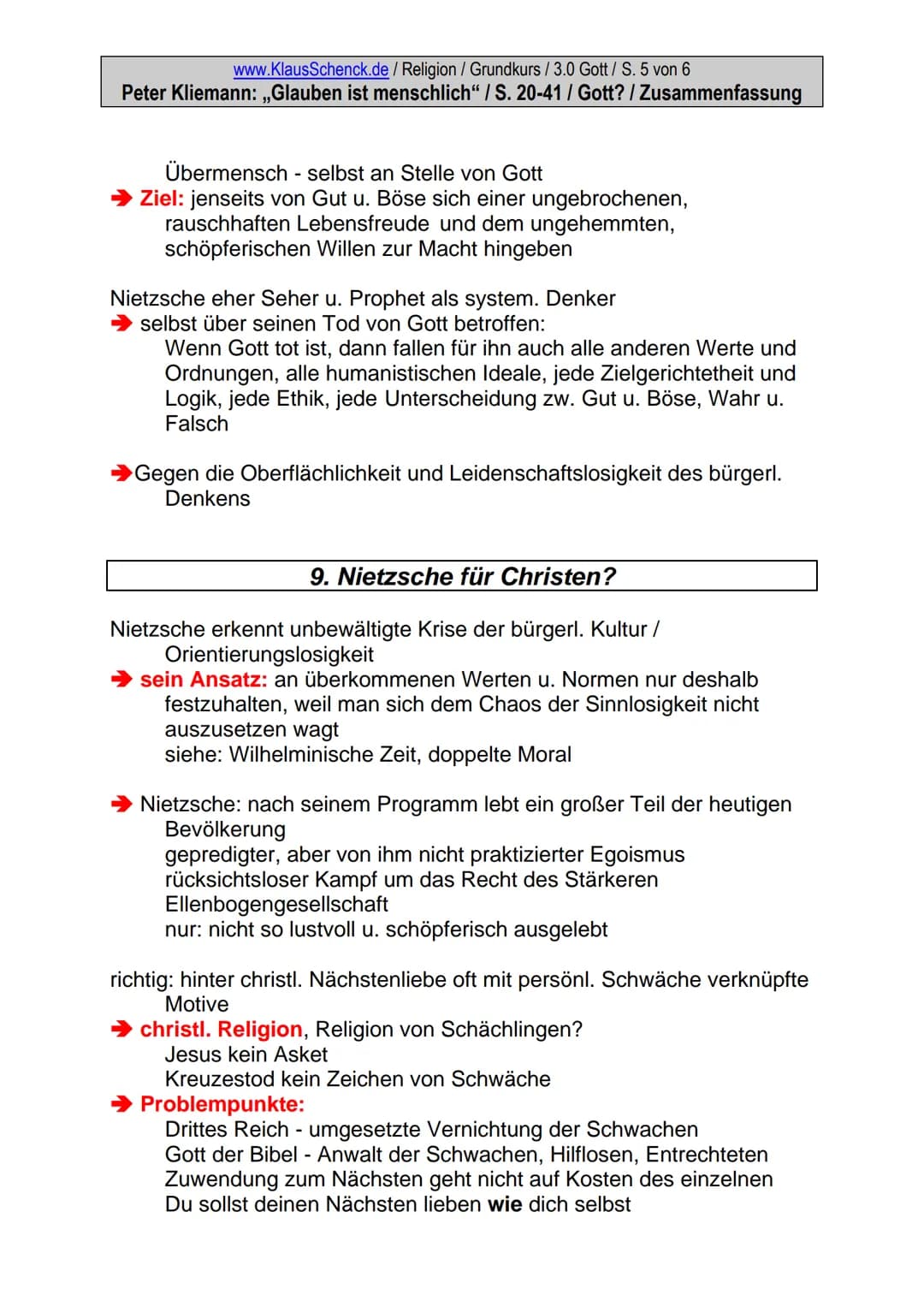 www.KlausSchenck.de / Religion / Grundkurs / 3.0 Gott / S. 1 von 6
Peter Kliemann: ,,Glauben ist menschlich" / S. 20-41 / Gott? / Zusammenfa