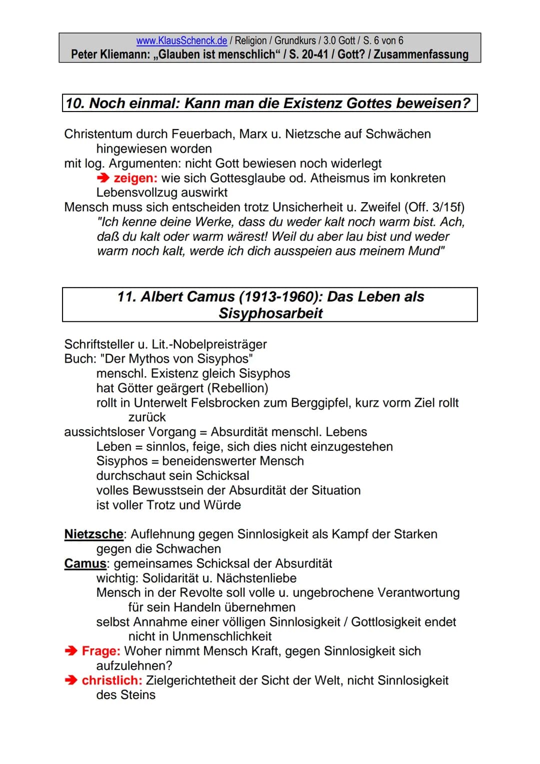 www.KlausSchenck.de / Religion / Grundkurs / 3.0 Gott / S. 1 von 6
Peter Kliemann: ,,Glauben ist menschlich" / S. 20-41 / Gott? / Zusammenfa