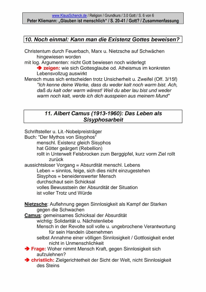 www.KlausSchenck.de / Religion / Grundkurs / 3.0 Gott / S. 1 von 6
Peter Kliemann: ,,Glauben ist menschlich" / S. 20-41 / Gott? / Zusammenfa