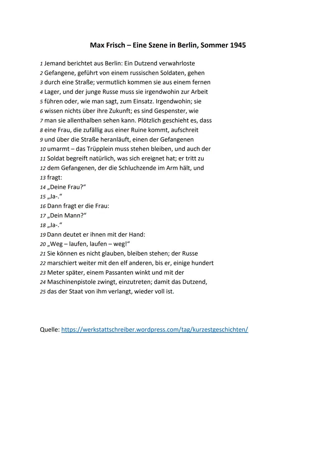 Max Frisch Kurzgeschichten - Szene in Berlin Sommer 1945 Analyse