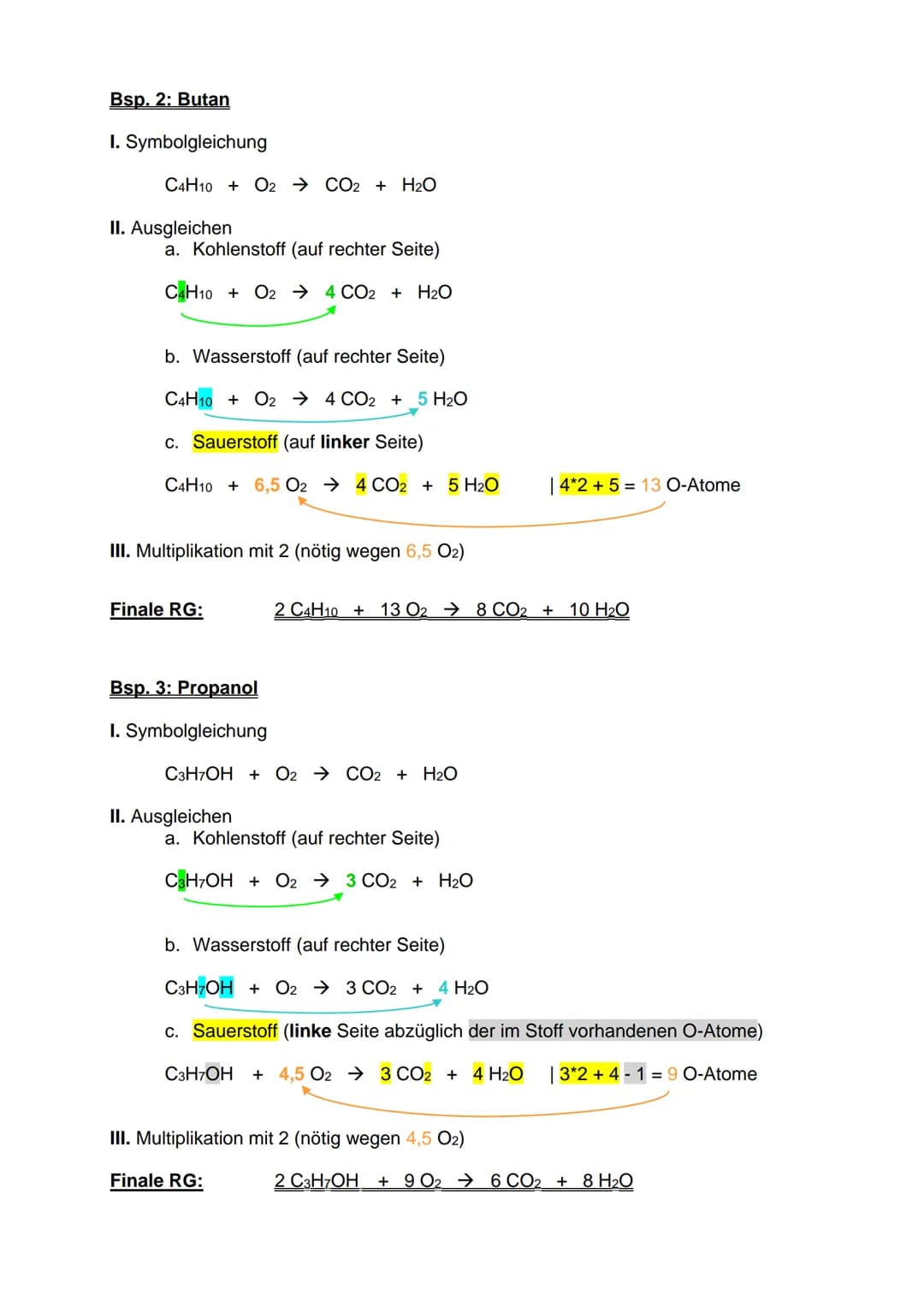 WIEDERHOLUNG: Aufstellen von RG für Verbrennungen organischer
Stoffe
(I) org. Stoffe mit C, H (und O) Atomen
= Alkane, Alkene, Alkine, Alkoh