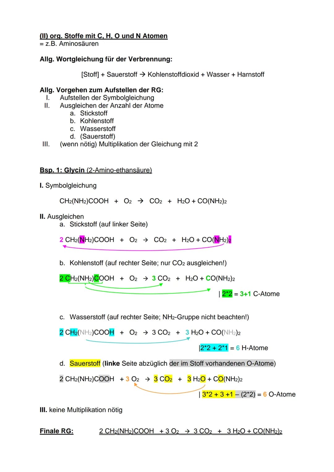 WIEDERHOLUNG: Aufstellen von RG für Verbrennungen organischer
Stoffe
(I) org. Stoffe mit C, H (und O) Atomen
= Alkane, Alkene, Alkine, Alkoh