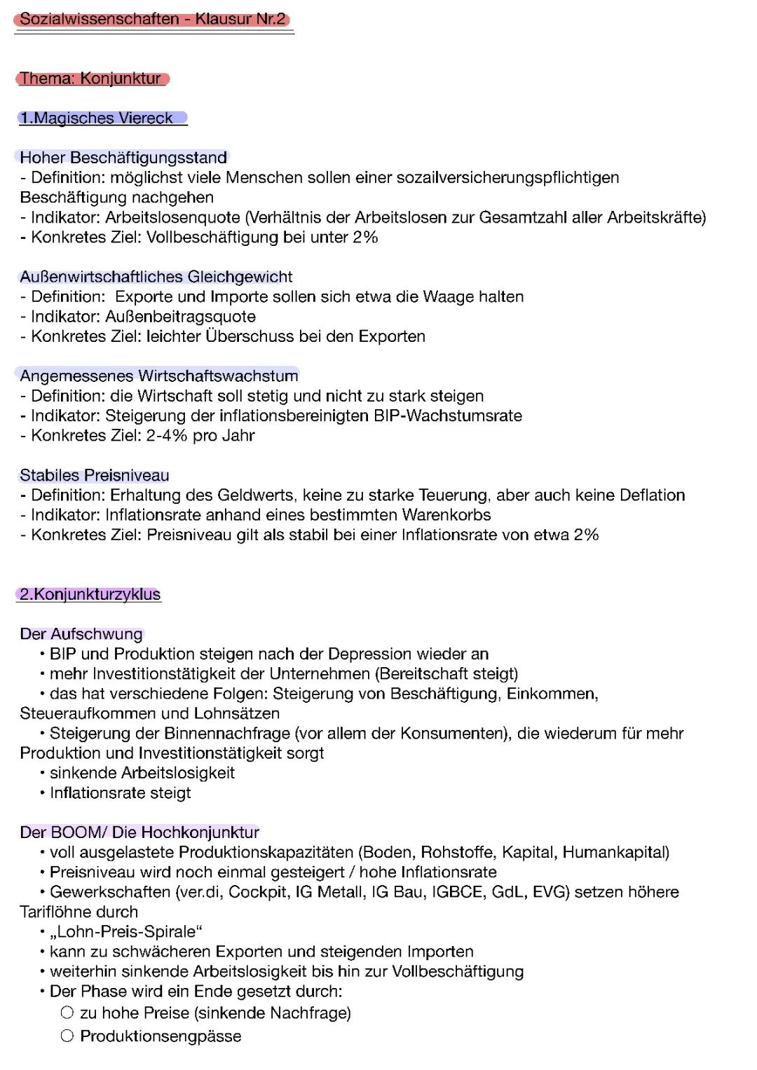 Lernzettel Thema Konjunktur/Wirtschaft 