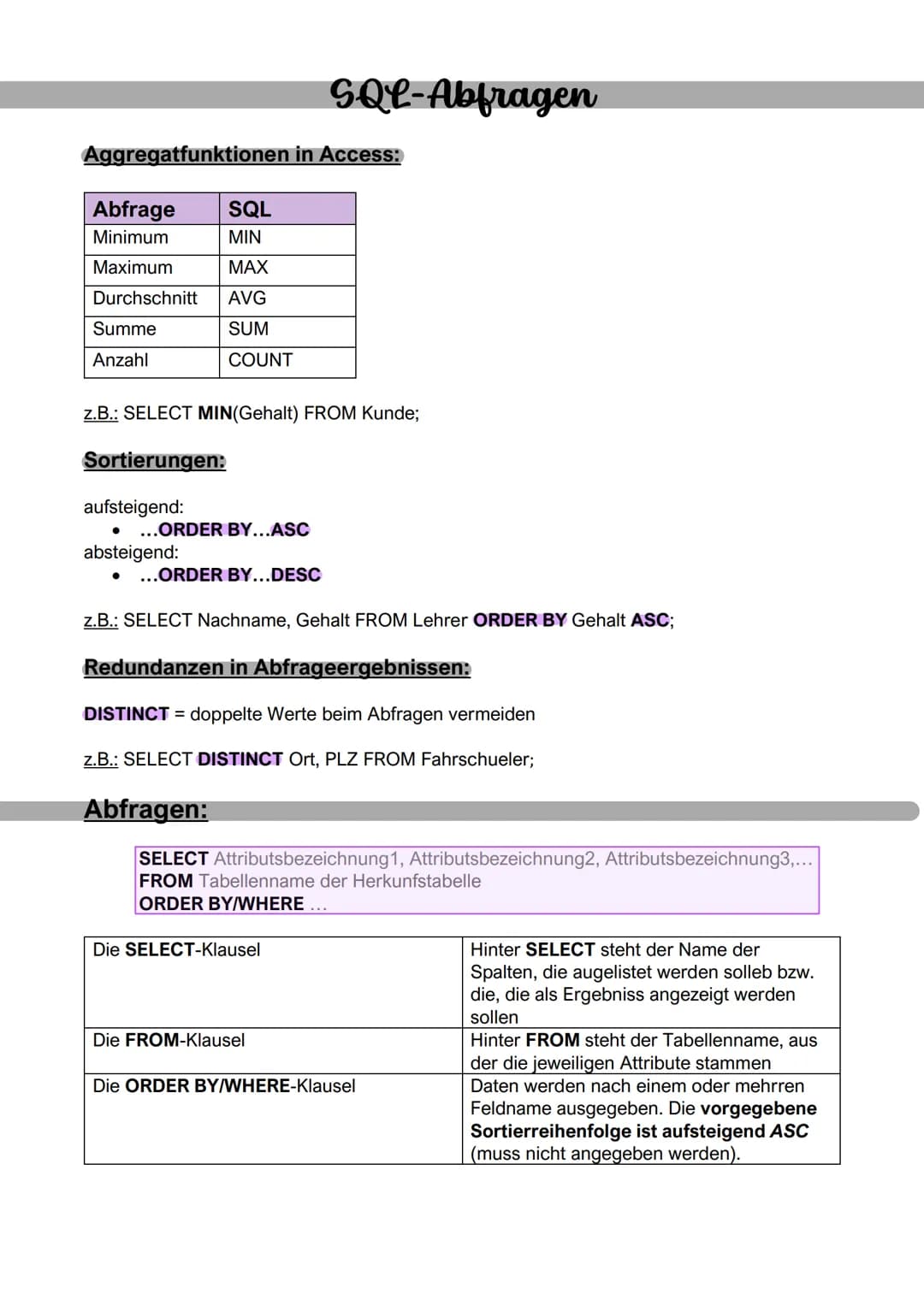 Aggregatfunktionen in Access:
Abfrage SQL
Minimum
MIN
Maximum
MAX
Durchschnitt
AVG
SUM
COUNT
Summe
Anzahl
z.B.: SELECT MIN(Gehalt) FROM Kund