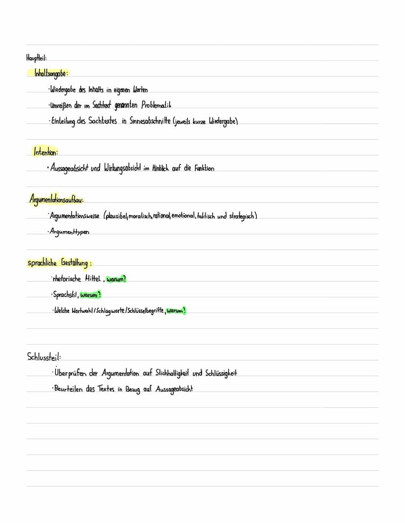 Sachtextanalyse
Tipps und Aufbau
den Text gründlich lesen und verschiedene Schwerpunkte setzen
1 Lesen: dient zur groben Orientierung und Te