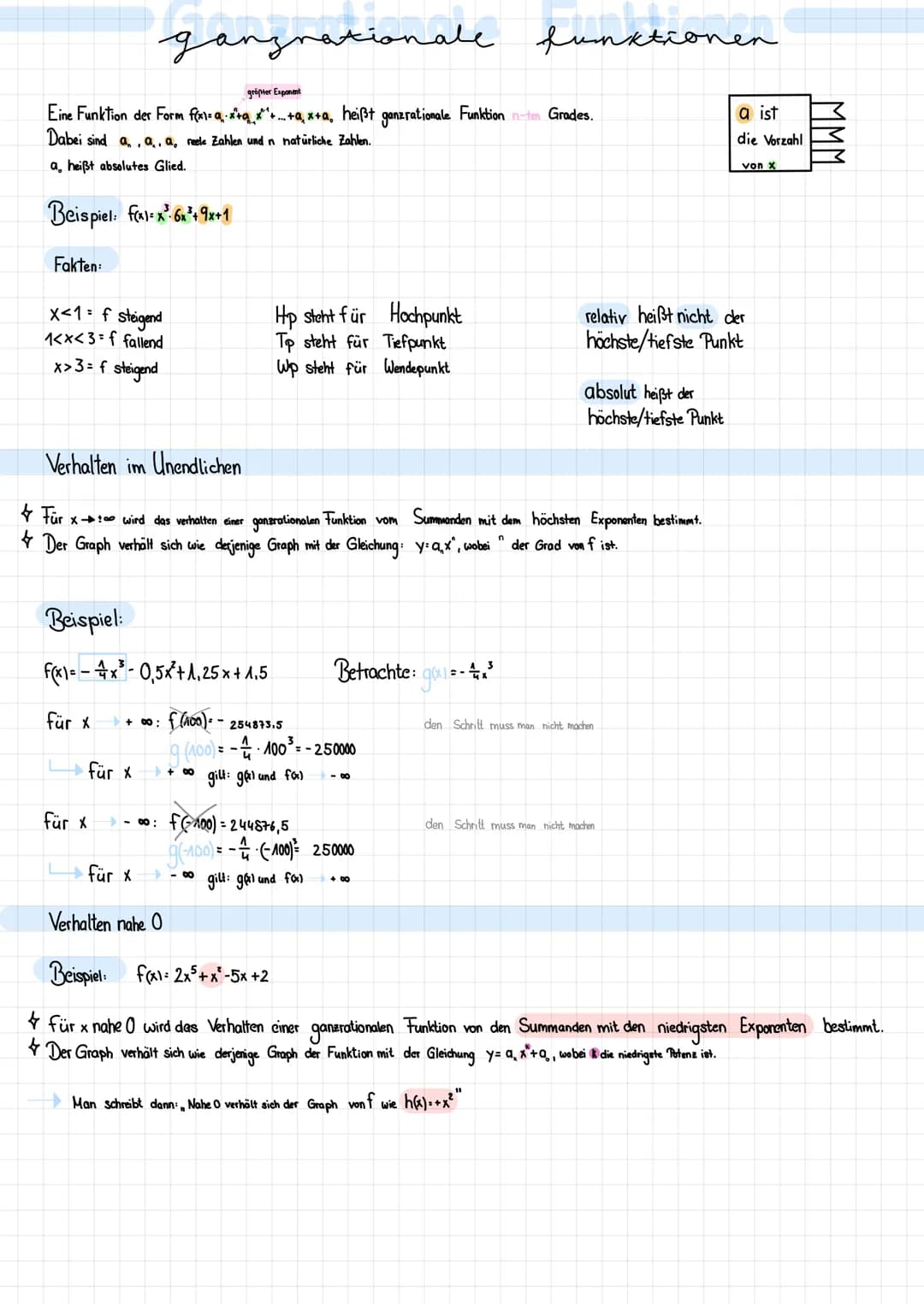größter Exponent
Eine Funktion der Form f(x)= a₁.x²+ x^²+...+a₁ x+a, heißt ganzrationale Funktion in-ten Grades.
Dabei sind a,,a,,a, reele Z