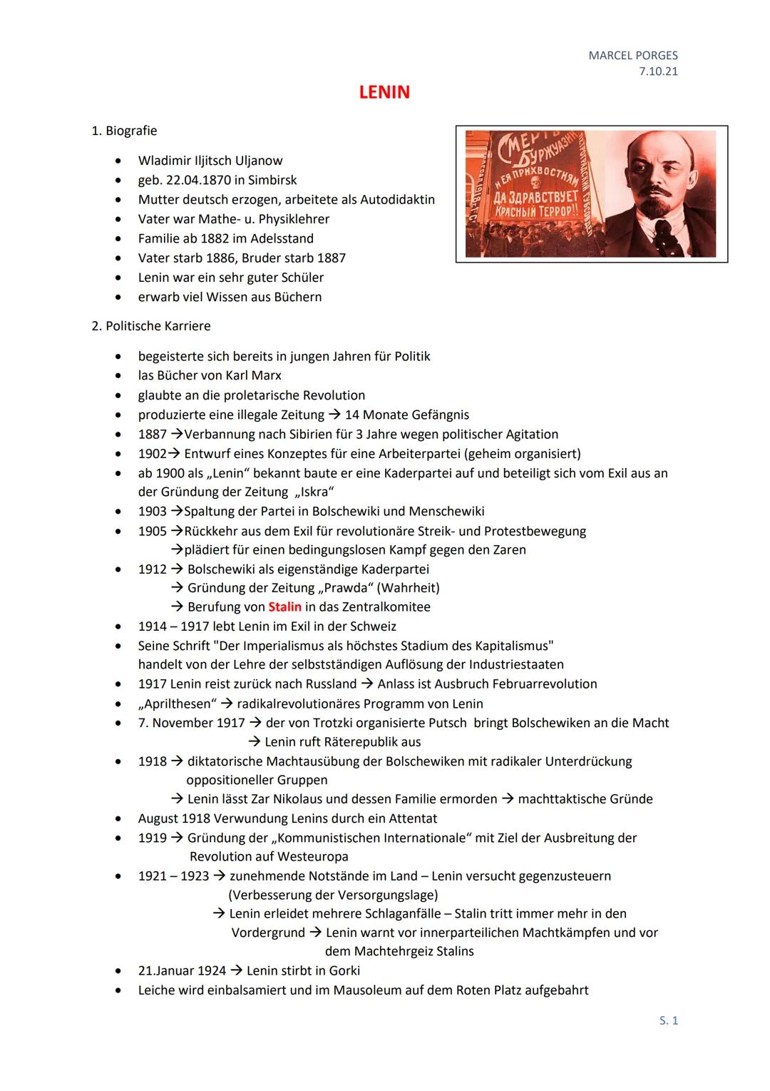 1. Biografie
●
●
●
●
●
2. Politische Karriere
●
●
●
●
●
●
●
●
●
●
●
LENIN
Wladimir Iljitsch Uljanow
geb. 22.04.1870 in Simbirsk
Mutter deuts