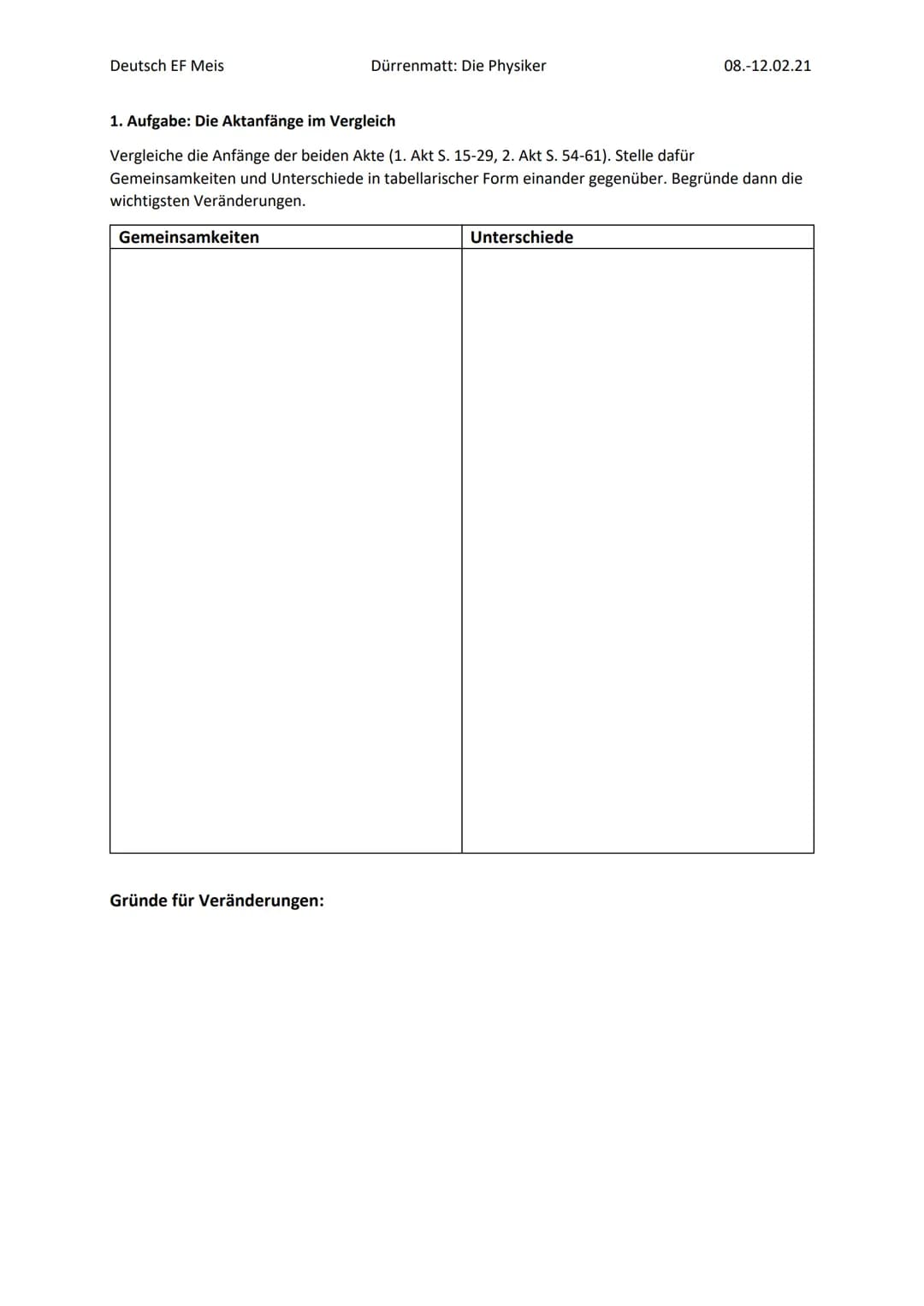 Deutsch EF Meis
Gemeinsamkeiten
Dürrenmatt: Die Physiker
1. Aufgabe: Die Aktanfänge im Vergleich
Vergleiche die Anfänge der beiden Akte (1. 