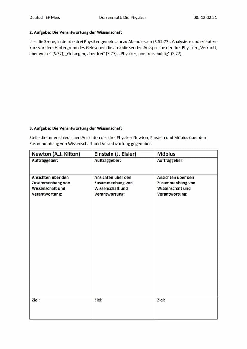 Deutsch EF Meis
Gemeinsamkeiten
Dürrenmatt: Die Physiker
1. Aufgabe: Die Aktanfänge im Vergleich
Vergleiche die Anfänge der beiden Akte (1. 