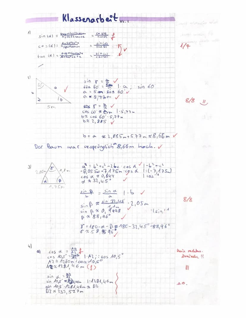 Klassenarbeit Nr. 2
Aufgabe 1:
Nenne vier verschiedene Beziehungen zwischen Sinus, Kosinus und/oder Tangens.
Sportklasse 10 b
Aufgabe 2: Ein