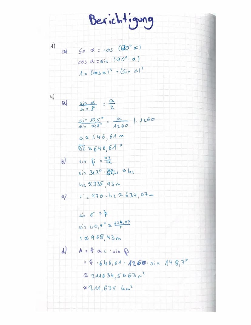 Klassenarbeit Nr. 2
Aufgabe 1:
Nenne vier verschiedene Beziehungen zwischen Sinus, Kosinus und/oder Tangens.
Sportklasse 10 b
Aufgabe 2: Ein