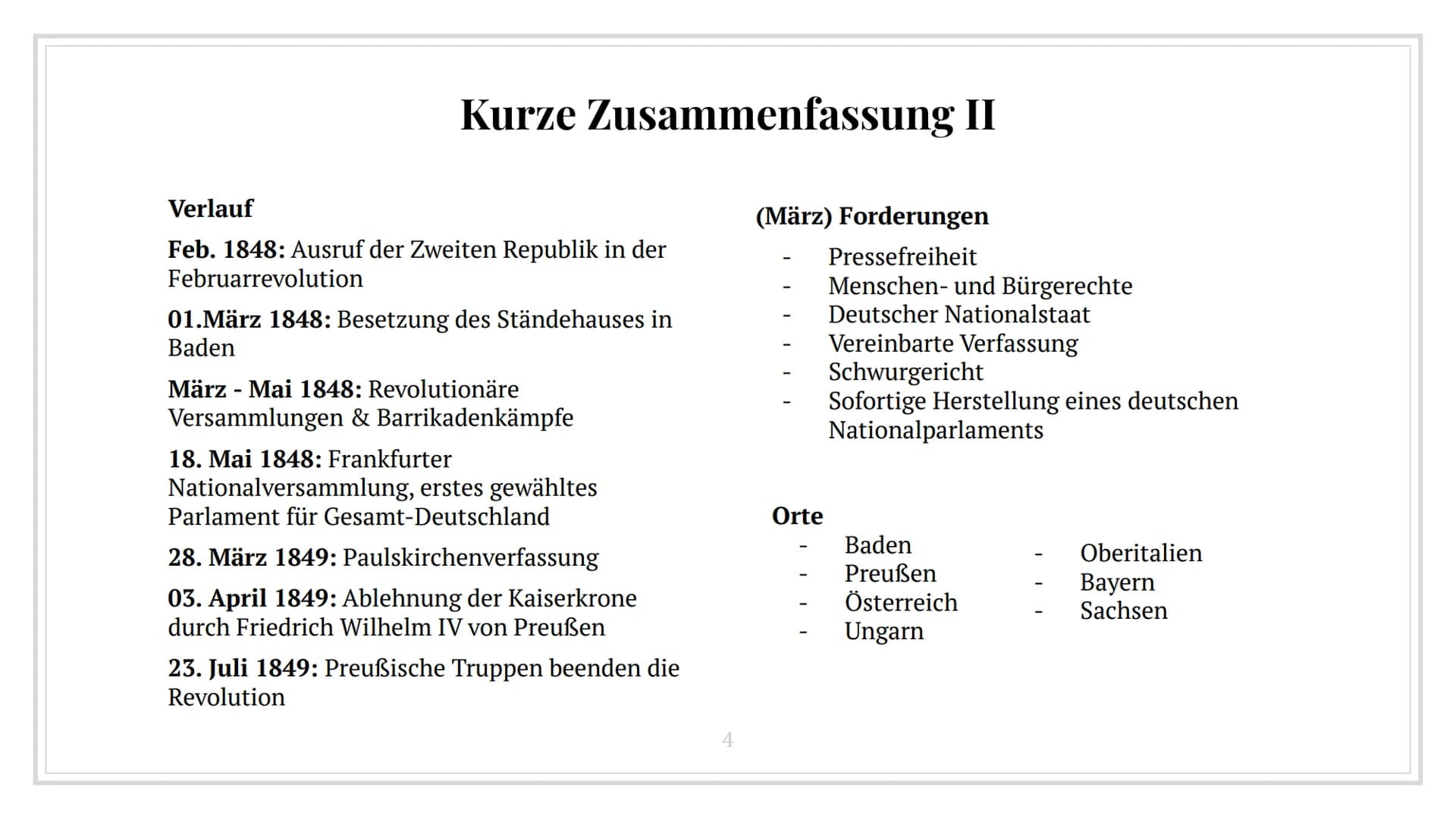 Revolution 1848/49
In Deutschland Inhaltsverzeichnis
1. Kurze Zusammenfassung I und II
2. Märzrevolution
3. Nationalversammlung
4. Frankfurt