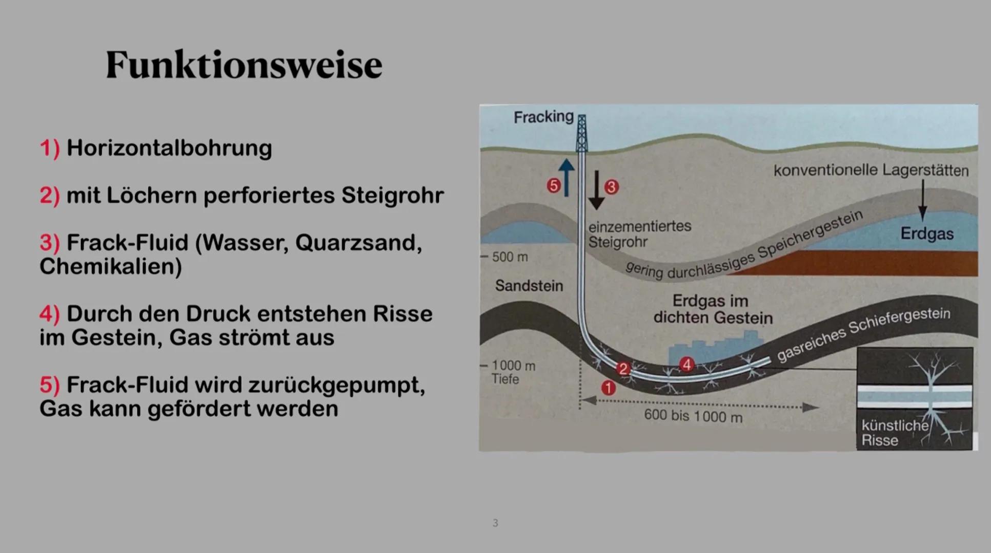 Funktionsweise
1) Horizontalbohrung
2) mit Löchern perforiertes Steigrohr
3) Frack-Fluid (Wasser, Quarzsand,
Chemikalien)
4) Durch den Druck