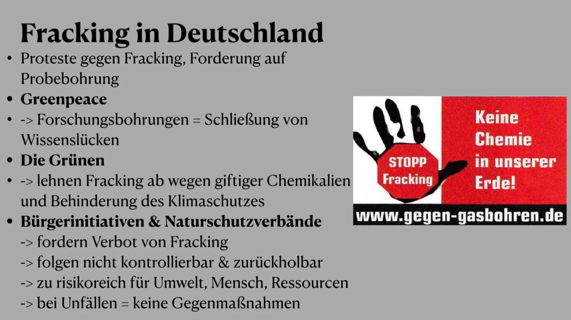 Funktionsweise
1) Horizontalbohrung
2) mit Löchern perforiertes Steigrohr
3) Frack-Fluid (Wasser, Quarzsand,
Chemikalien)
4) Durch den Druck