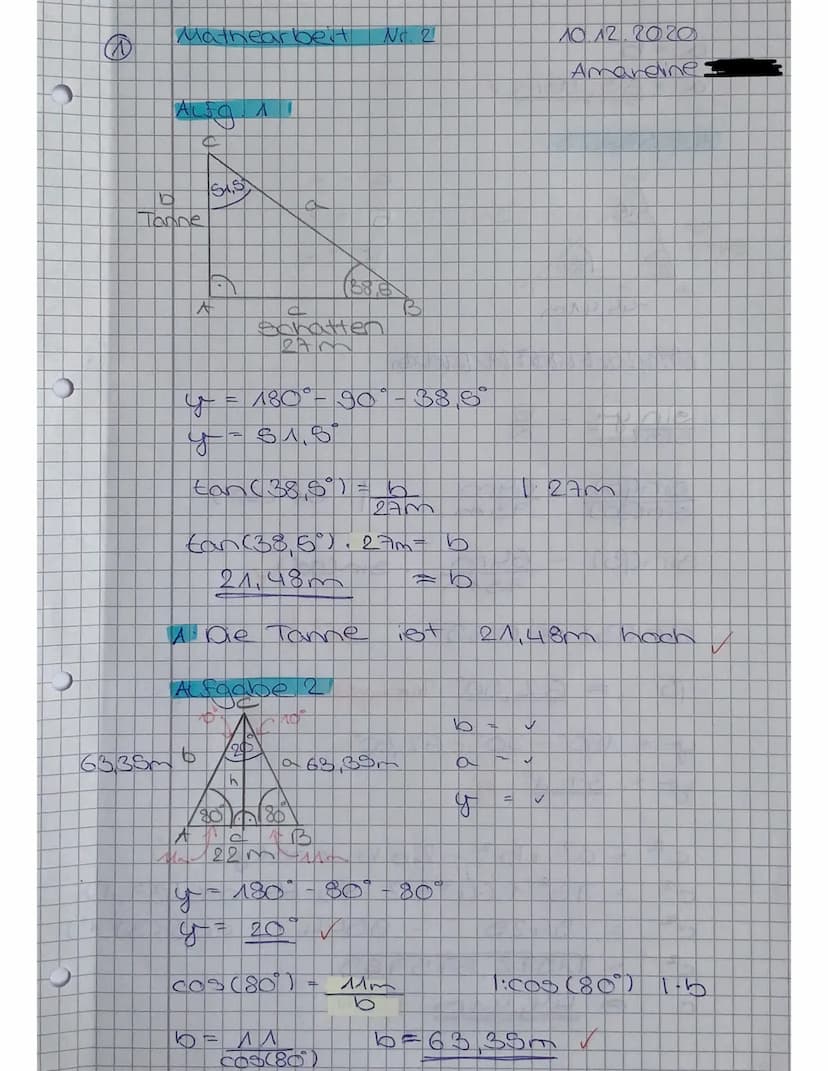 0
Á
Mathematikarbeit Nr. 2 Klasse 10cG
A Aufgabe 1: Wie hoch ist eine Tanne, wenn ihr Schatten 27 m lang ist und
die Sonnenstrahlen unter ei