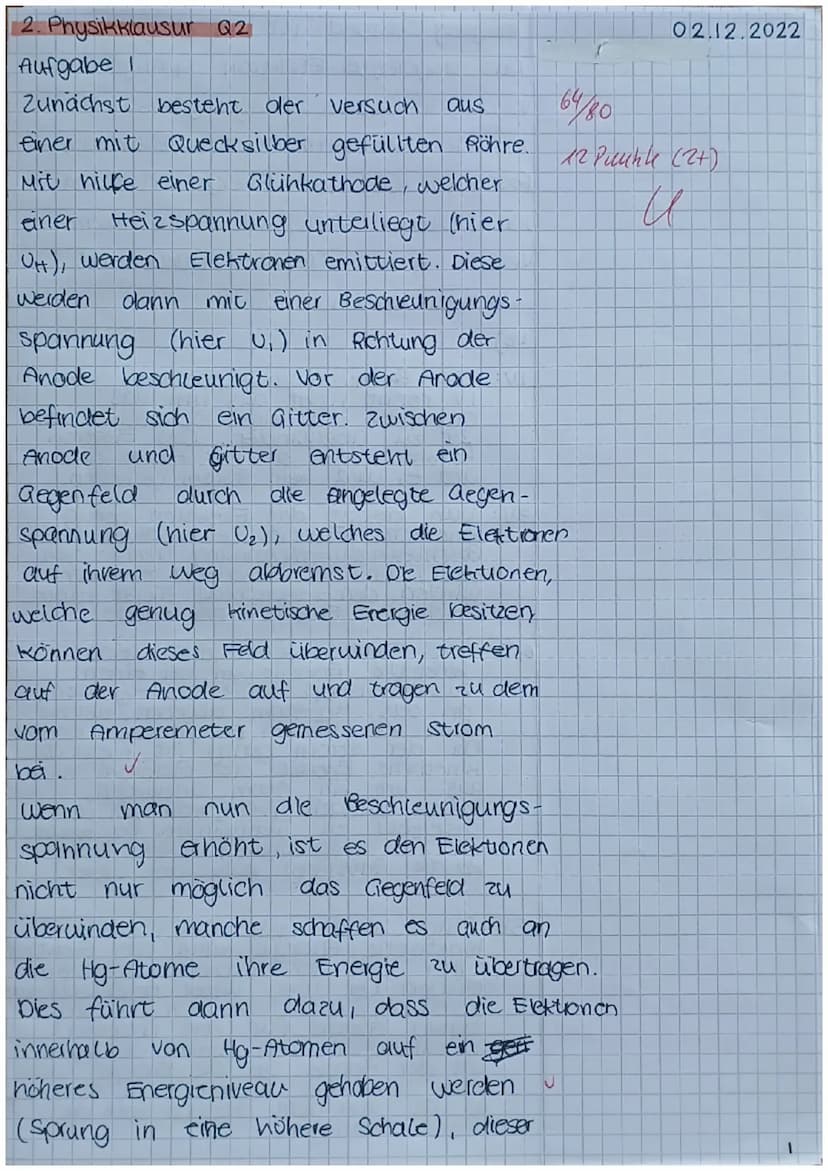 Zweite Physik-Klausur GK Q2
Name:......
Aufgabe 1: Franck-Hertz-Versuch (21 Punkte)
Mit Hilfe des Franck-Hertz-Versuchs konnten wesentliche 