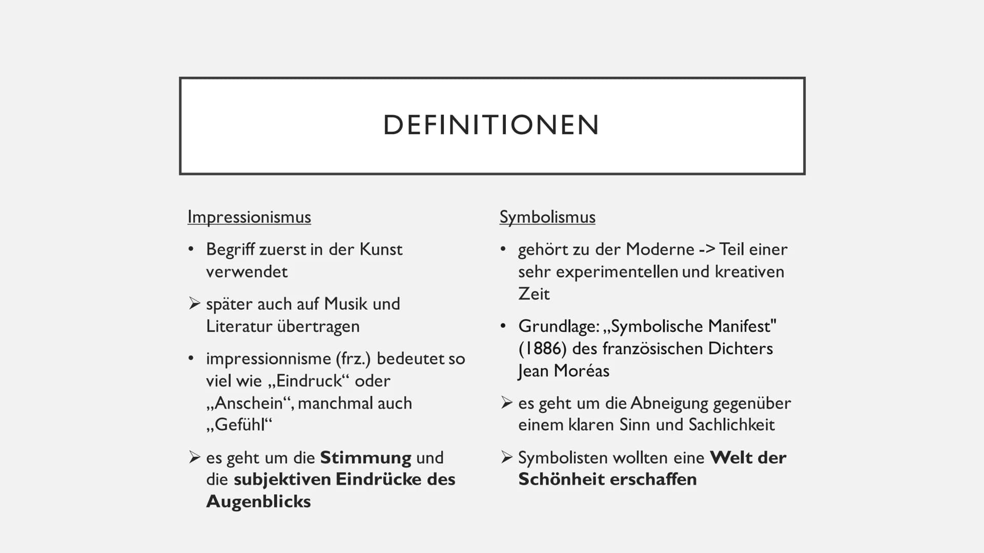 IMPRESSIONISMUS UND
SYMBOLISMUS GLIEDERUNG
1. Einordnung in die deutsche Literatur
2. Historischer Kontext
3. Definitionen
4. Merkmale
5. Wi