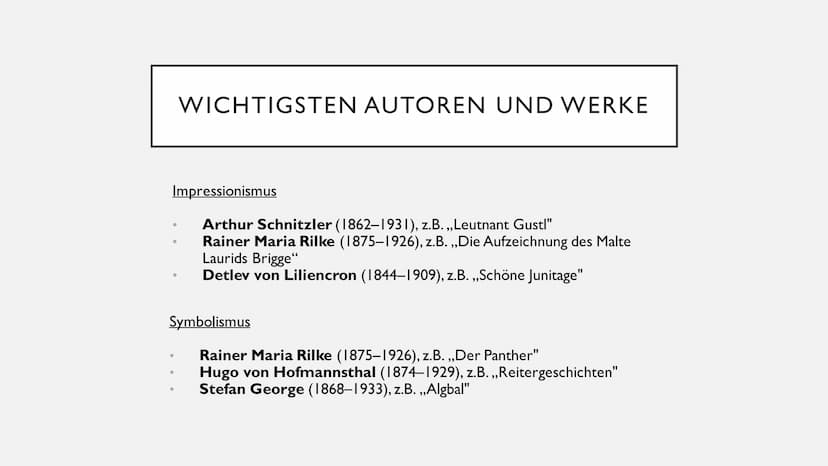 IMPRESSIONISMUS UND
SYMBOLISMUS GLIEDERUNG
1. Einordnung in die deutsche Literatur
2. Historischer Kontext
3. Definitionen
4. Merkmale
5. Wi