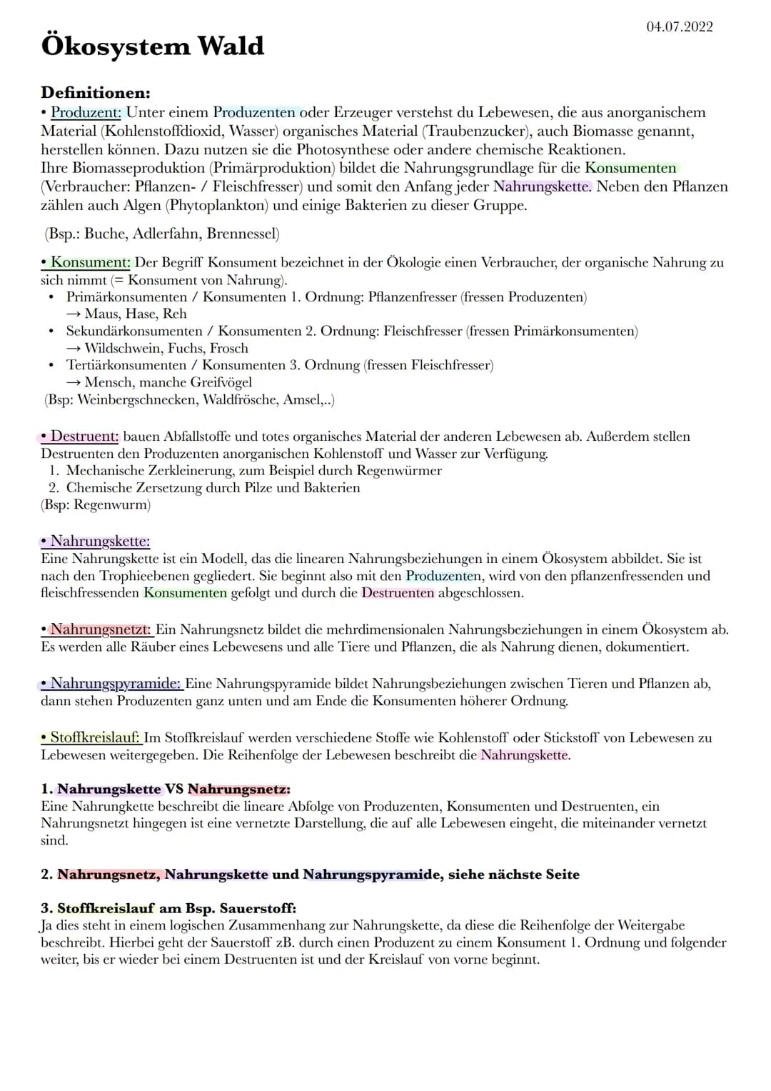 Ökosystem Wald
Definitionen:
• Produzent: Unter einem Produzenten oder Erzeuger verstehst du Lebewesen, die aus anorganischem
Material (Kohl