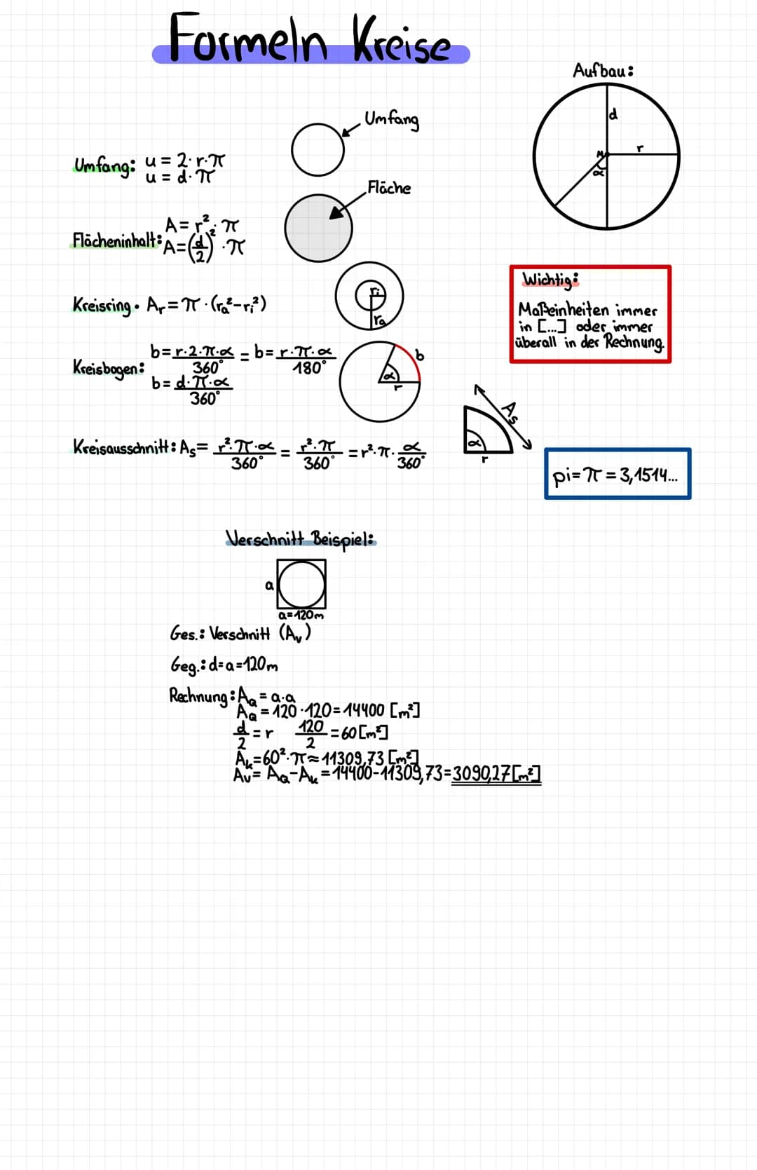 Formeln Kreise
Umfang: u = 2.r.
u=d. π
A=r²₁₂π
³A= (π
Flächeninhalt:
Kreisring Ar=· (r²-ri²)
b=r.2.7.x = b = r.π. α
180°
Kreisbogen: 360°
b=